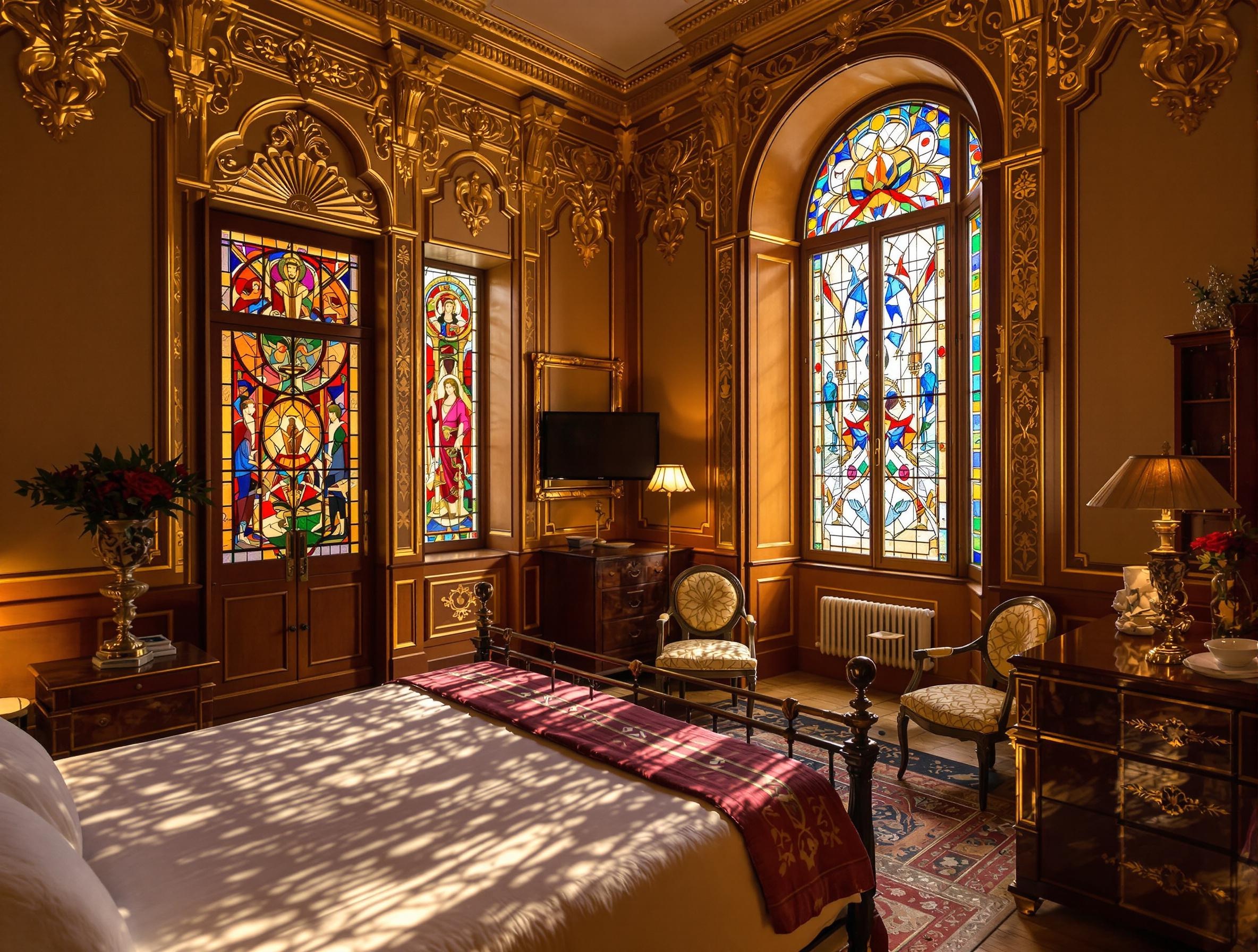 Chambre guesthouse Art Nouveau, moulures dorées, verrière colorée, mobilier inspiré Ecole de Nancy, ambiance cosy, centre historique de Nancy