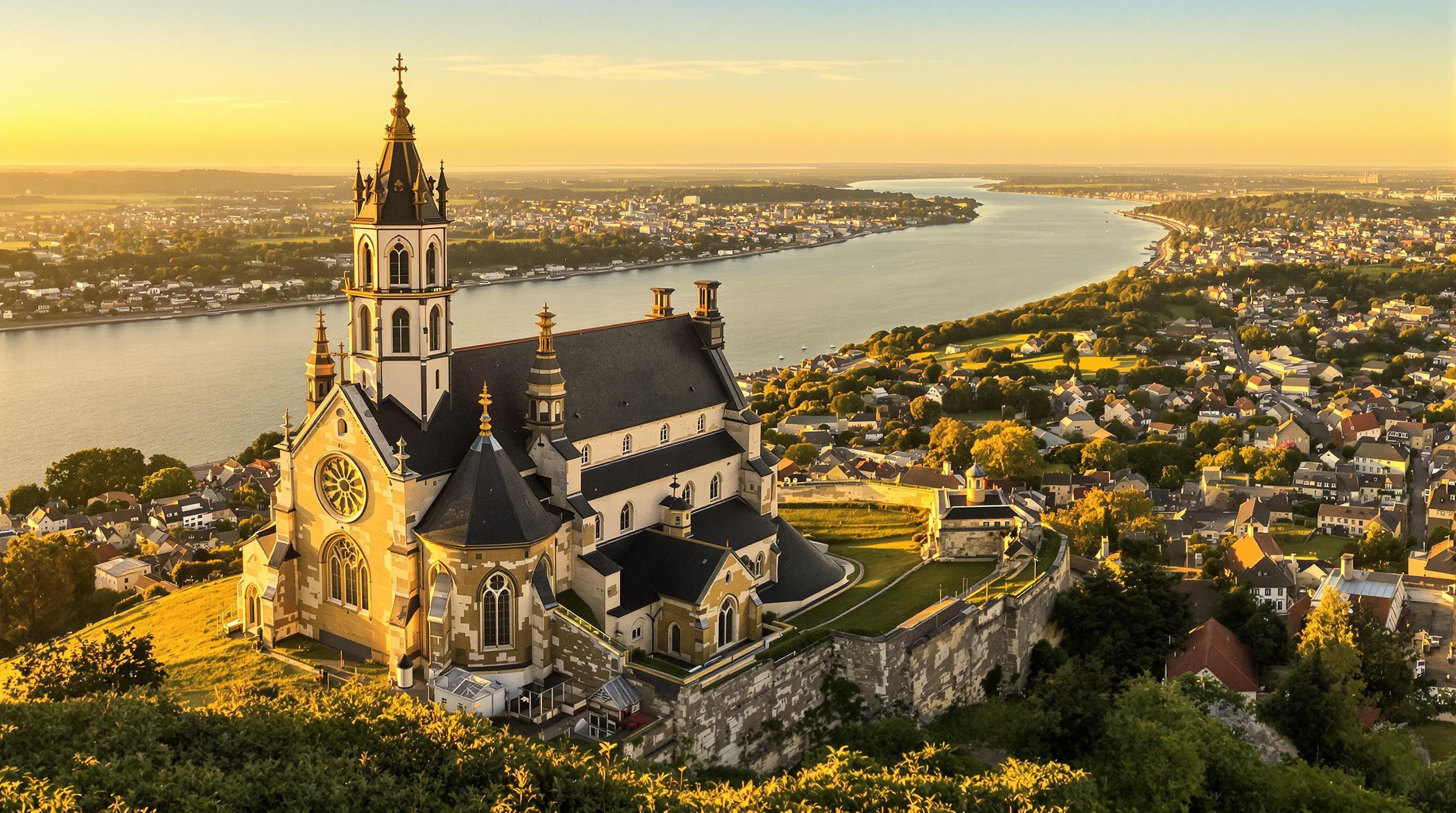 Chapelle Notre Dame de Grâce à Honfleur dominant l'estuaire sous une lumière dorée