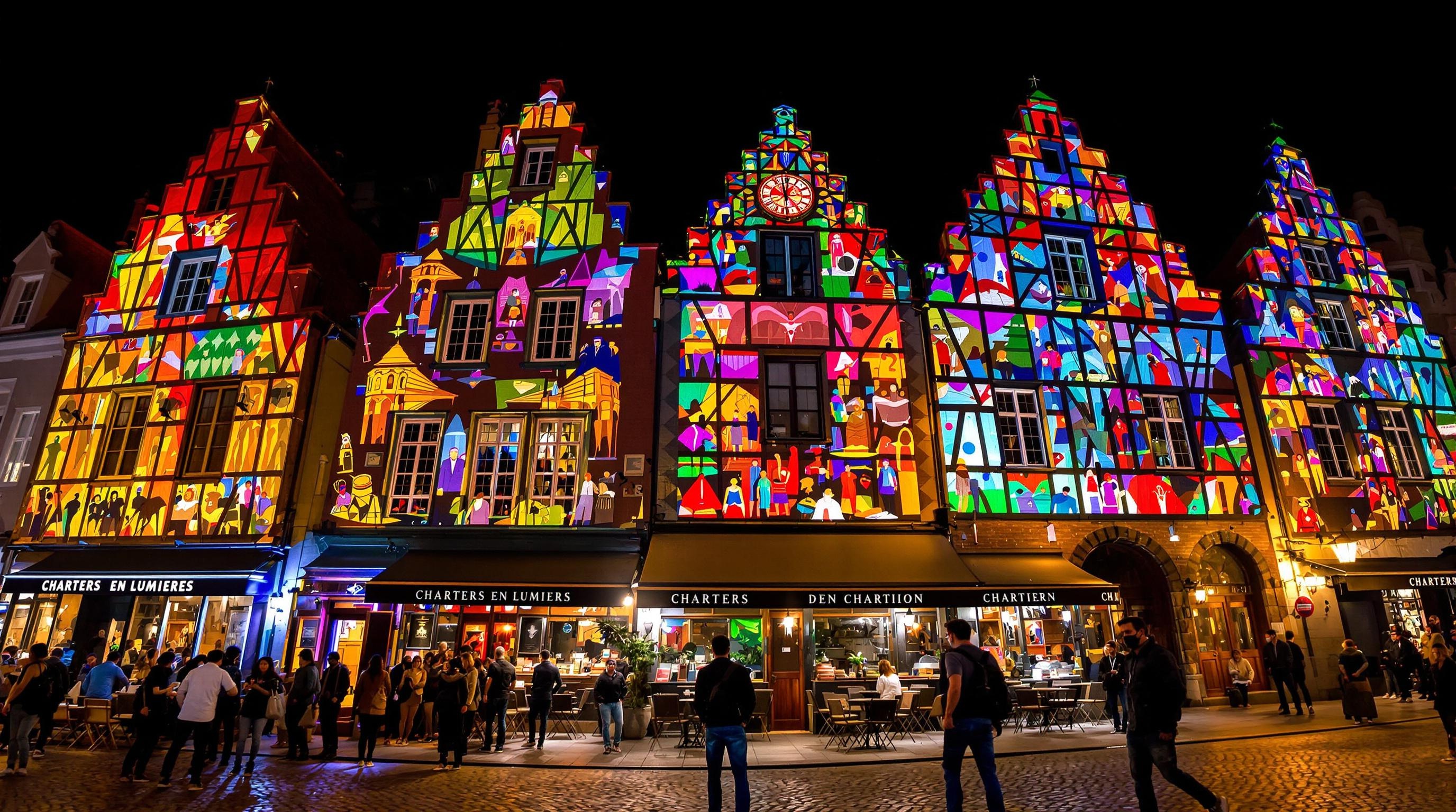 Soirée Chartres en Lumières : façades historiques illuminées devant un restaurant typique beauceron.