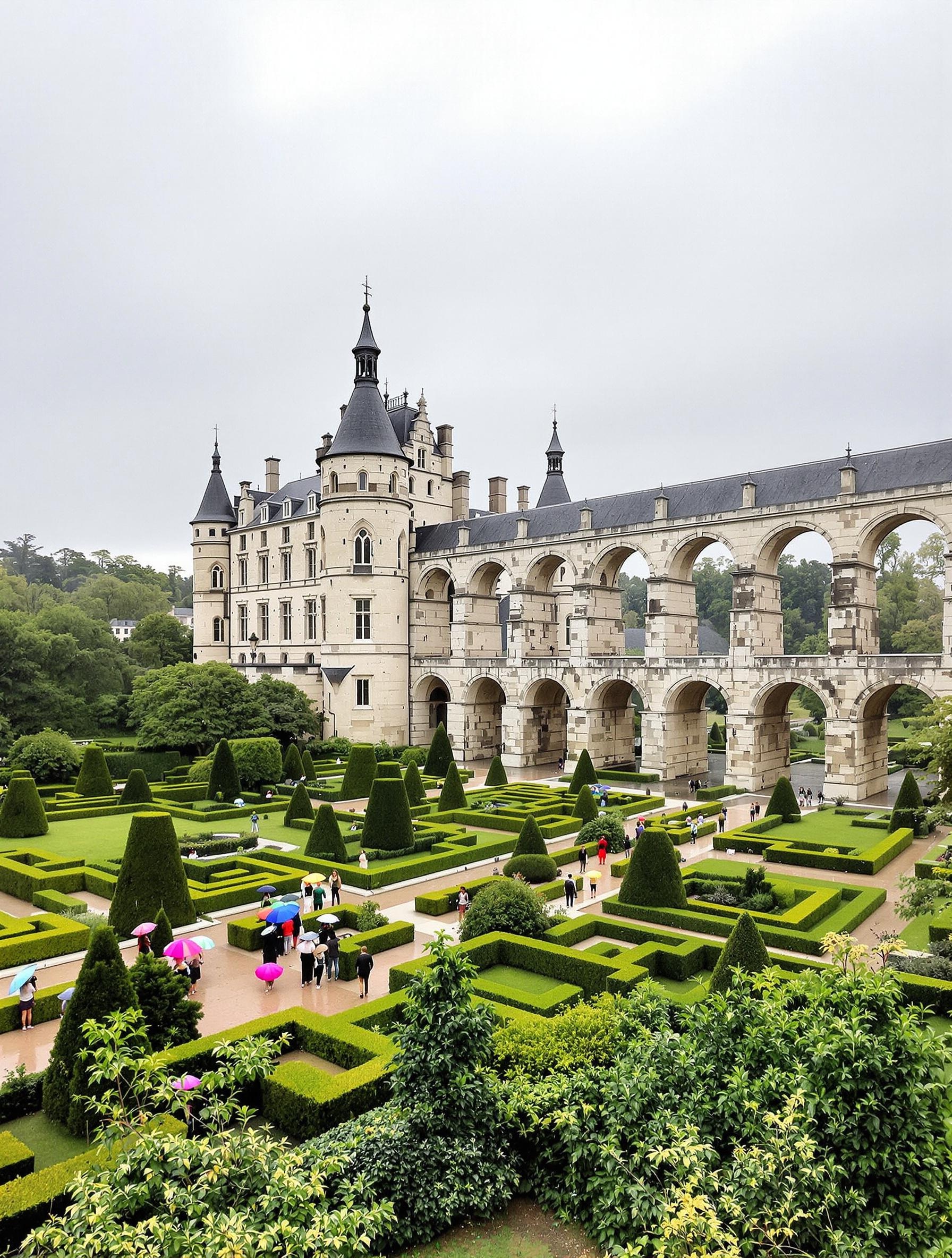 Château de Maintenon et aqueduc sous ciel nuageux.