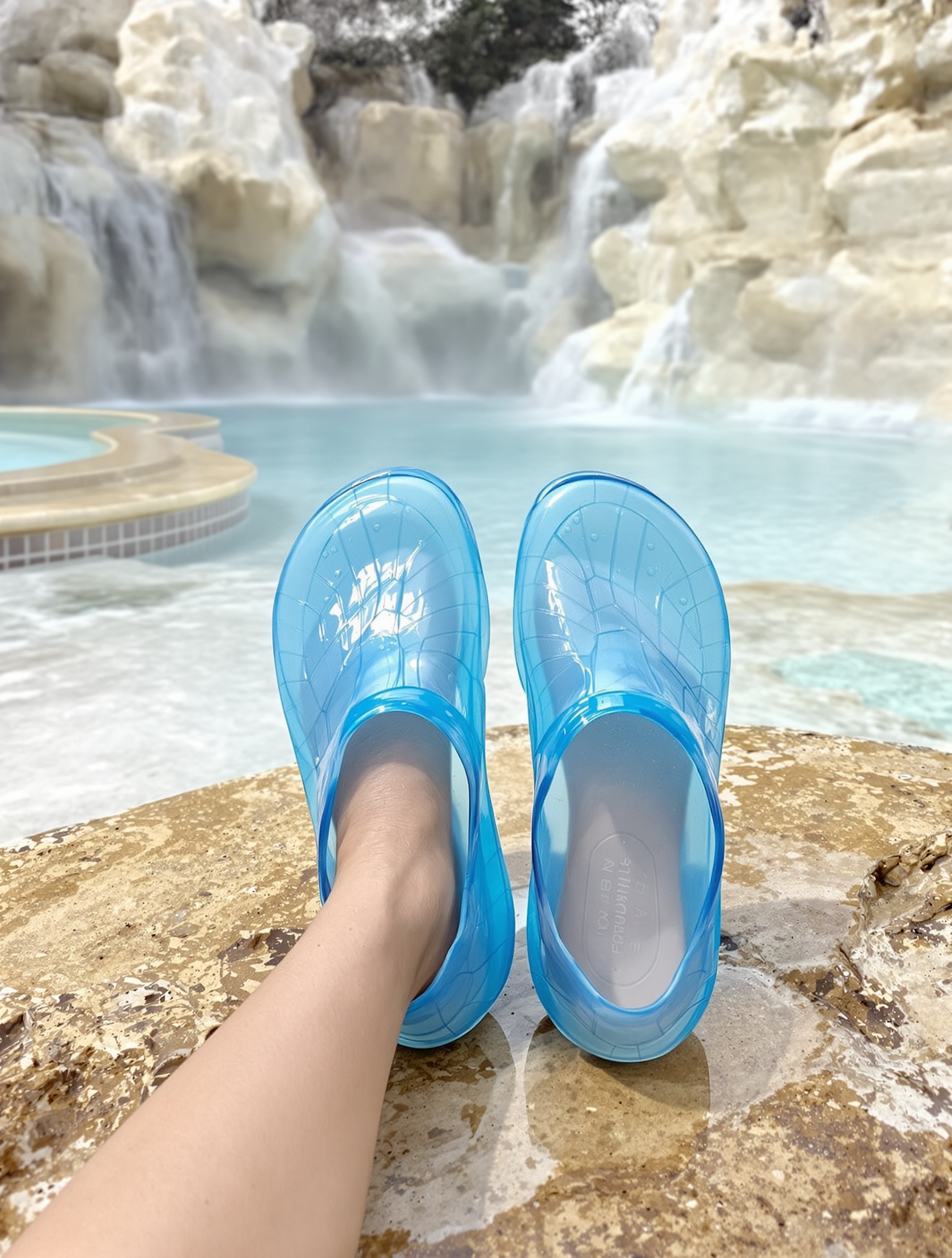 chaussons d'eau posés sur rocher travertin cascades Saturnia