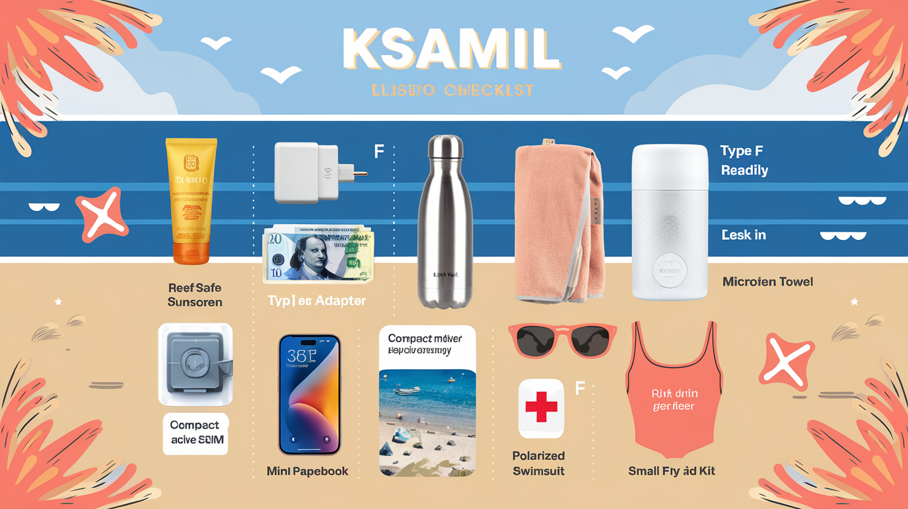 Checklist voyageur Ksamil objets indispensables vacances Albanie bord de mer.