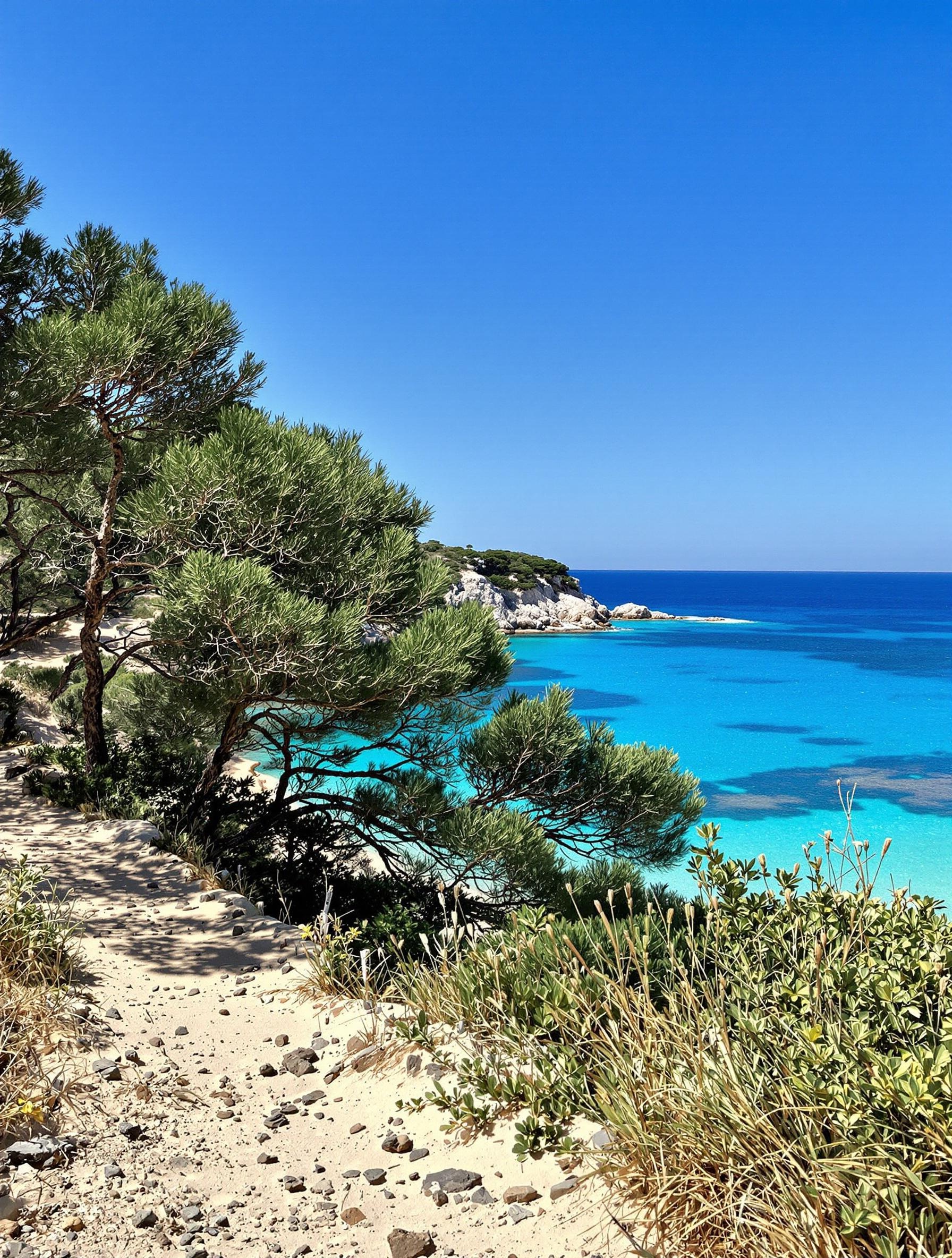 Chemin sablonneux bordé de pins d’Alep menant vers la Calanque de l’Indienne sur l’île de Porquerolles.