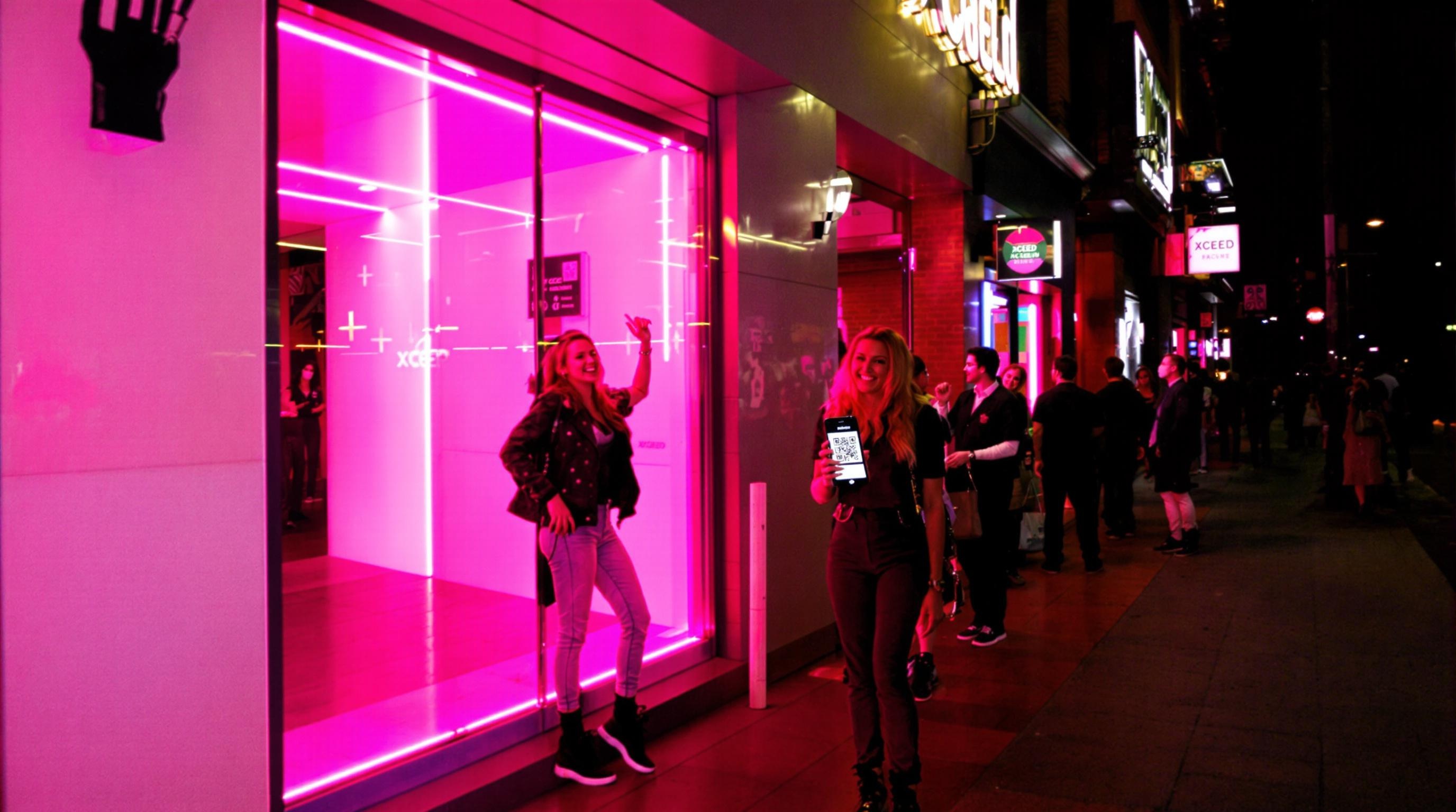 Entrée club Barcelone Xceed baskets QR code smartphone queue light néons roses