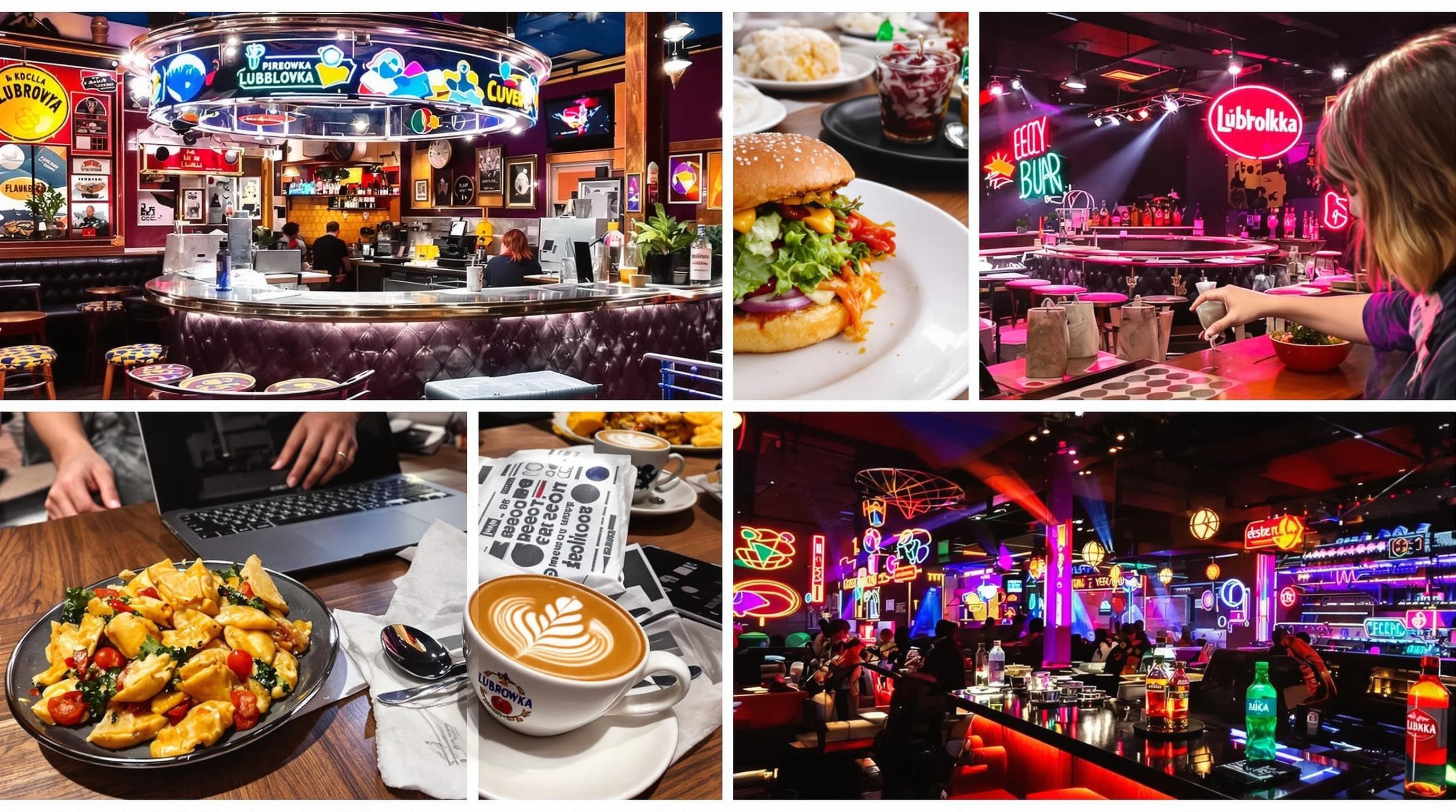 Collage food-porn Varsovie : pierogi bar mleczny rétro, burger vegan coloré, latte art avec laptop ouvert et club électro néon vodka Żubrówka.