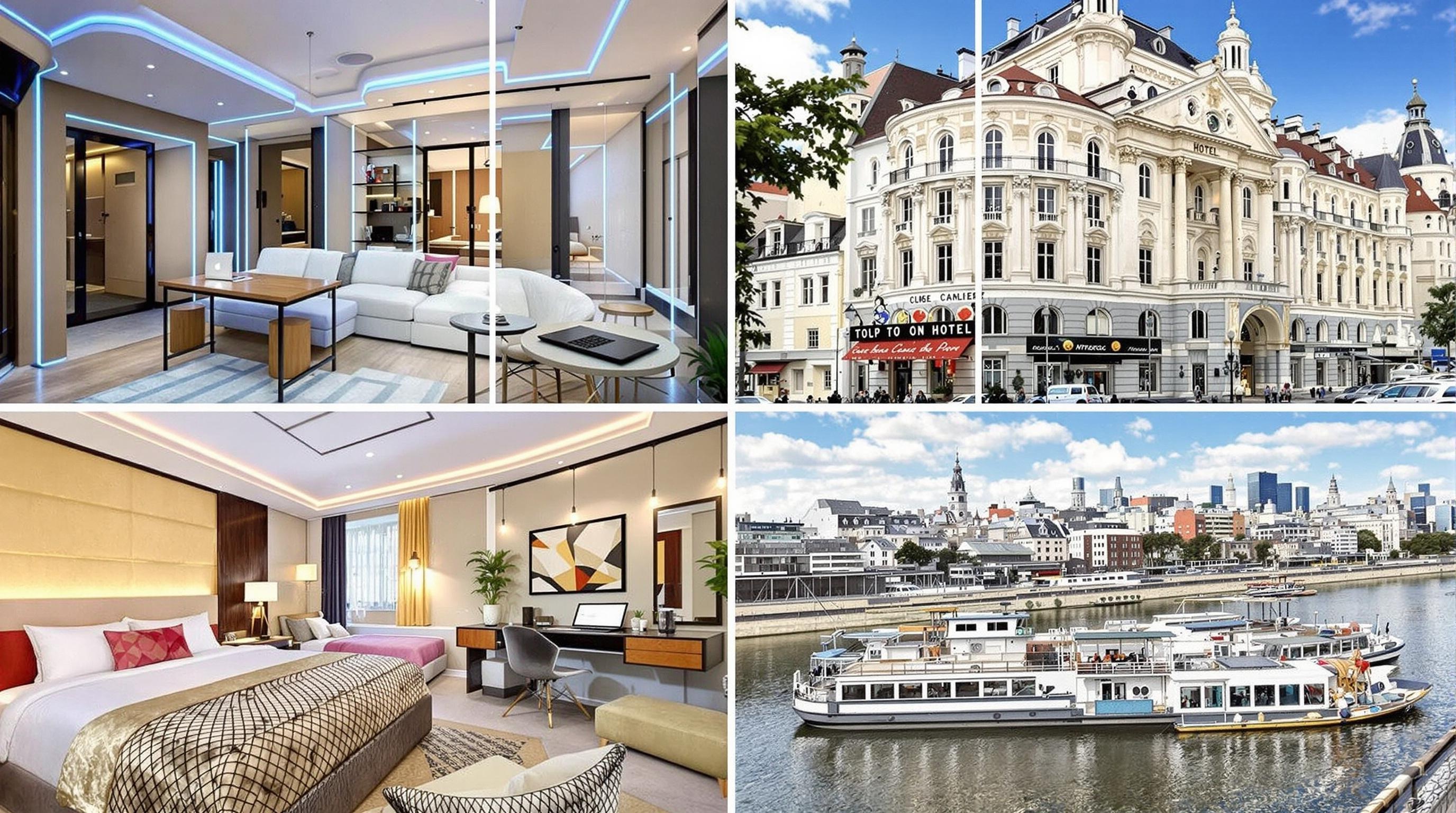Collage des meilleurs hébergements à Varsovie : capsule hostel futuriste, boutique hôtel chic Belle Époque dans le centre historique, appartement urbain connecté avec fibre optique et loft industriel en péniche sur la Vistule.