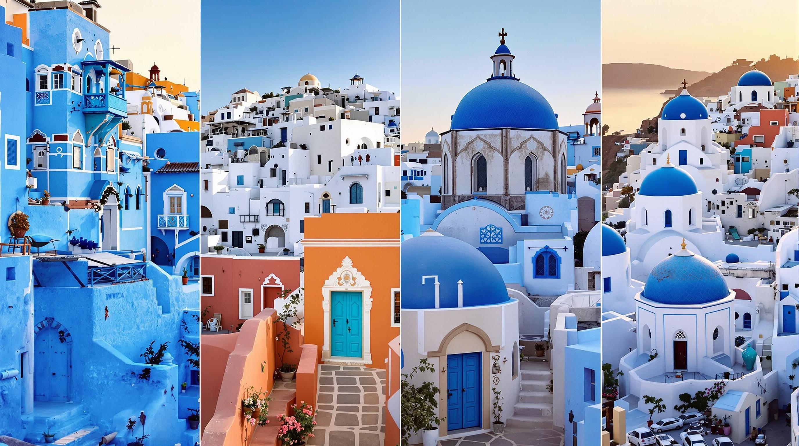 Comparatif visuel : Chefchaouen, Jodhpur, Sidi Bou Saïd, Oia – densité de bleu, contraste méditerranéen et sunset.
