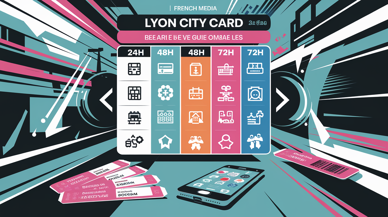 Comparatif coloré Lyon City Card avec pictos musées, métro, croisière et famille.