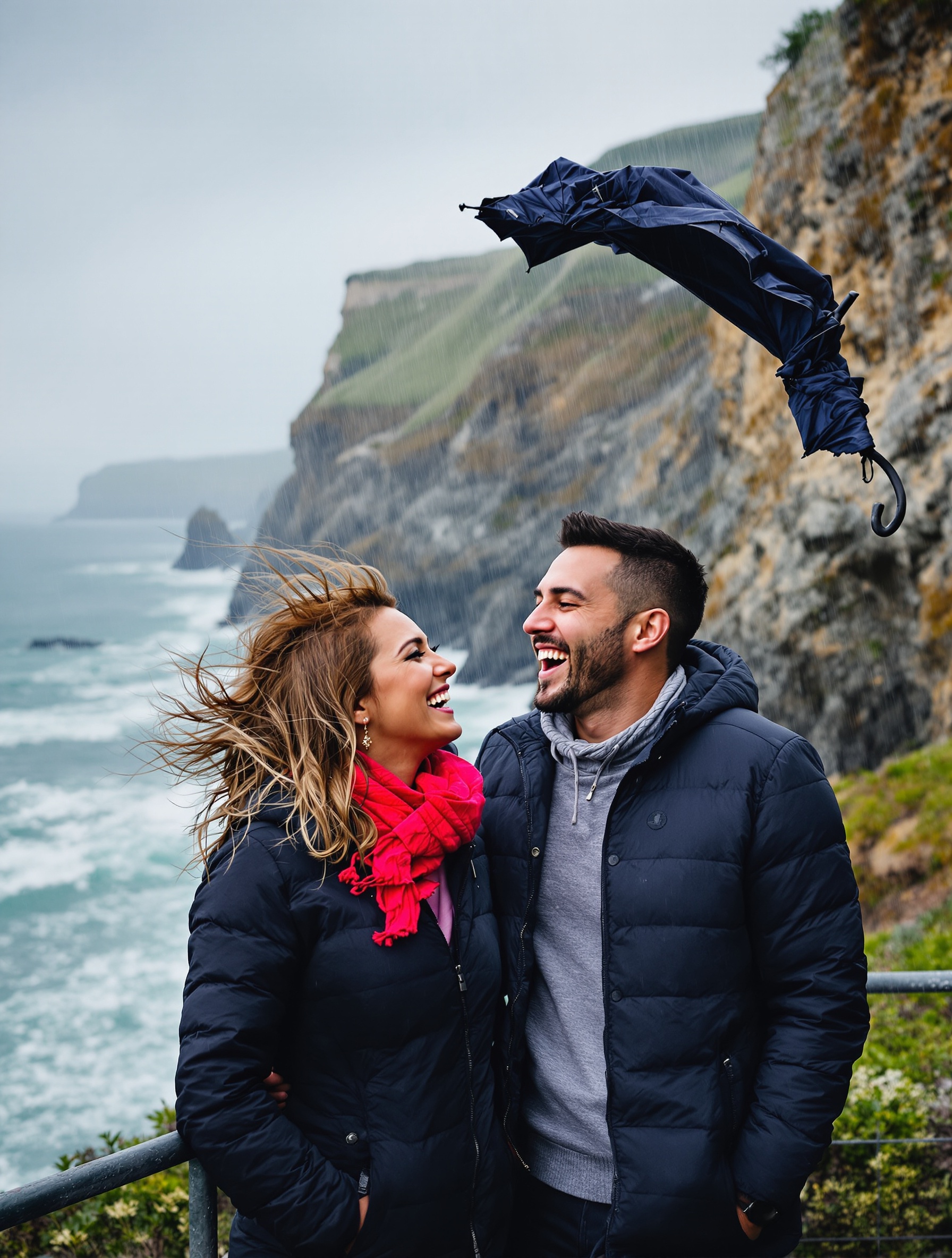 Couple moderne riant sous la pluie bretonne
