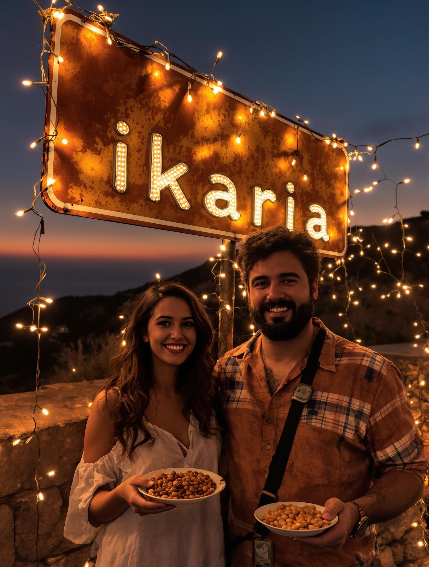 Un couple de digital nomades devant un panneau routier rouillé 'Ikaria' avec des guirlandes allumées, ambiance fête de village nocturne