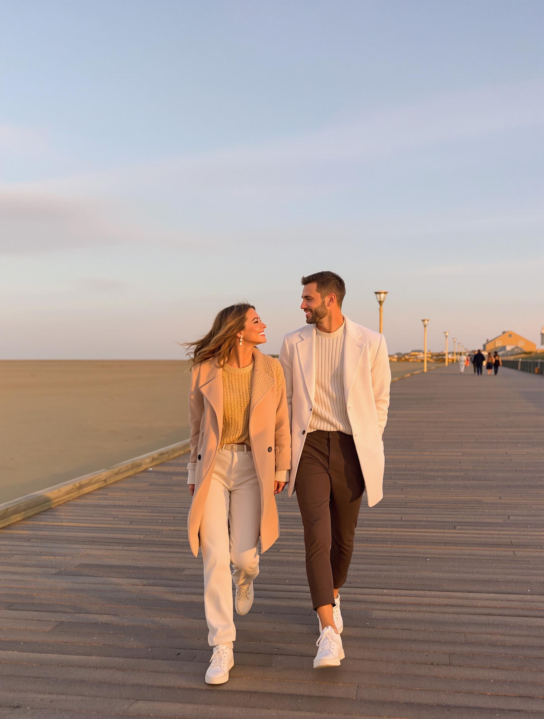 Couple stylé balade Les Planches Deauville coucher soleil ironie
