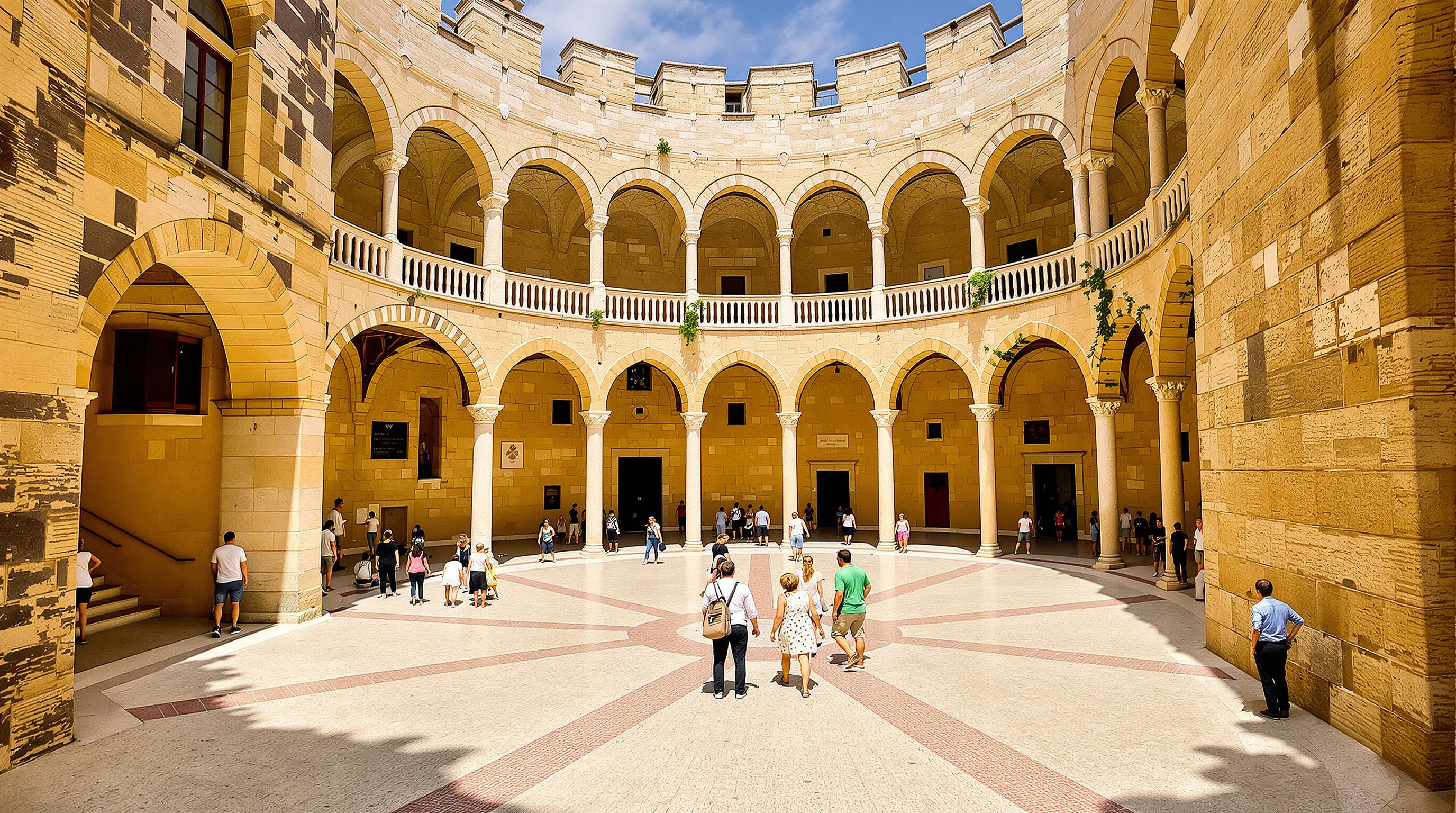 Cour intérieure du Château Santa Bárbara avec murs en pierre et arcades, visiteurs explorant le site.