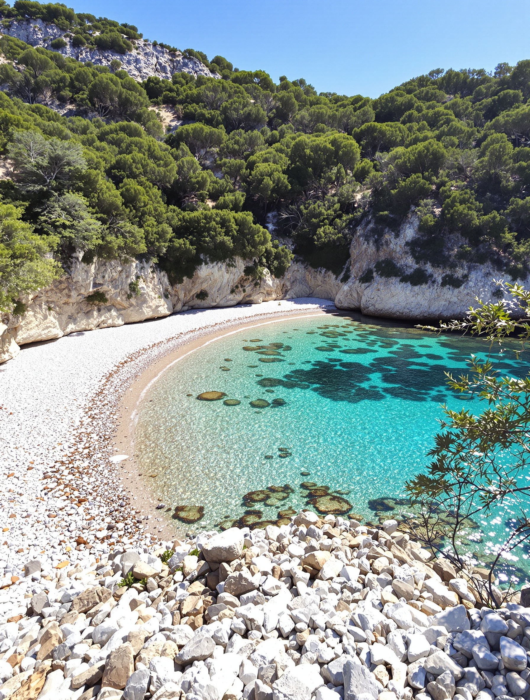 Crique sauvage autour de Fiskardo avec galets blancs et eau turquoise.