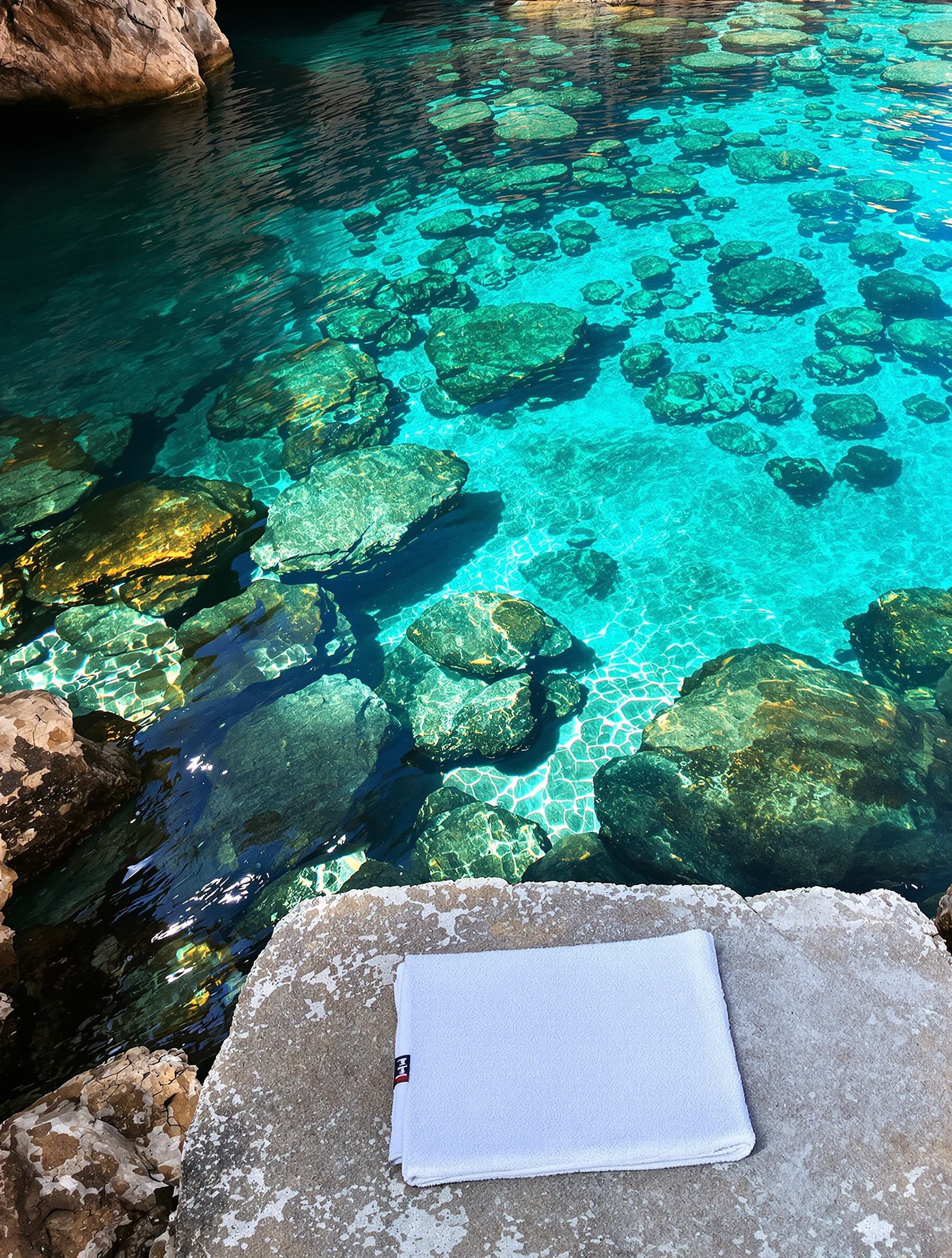 crique secrète Punta Spano eau turquoise rochers serviette baignade