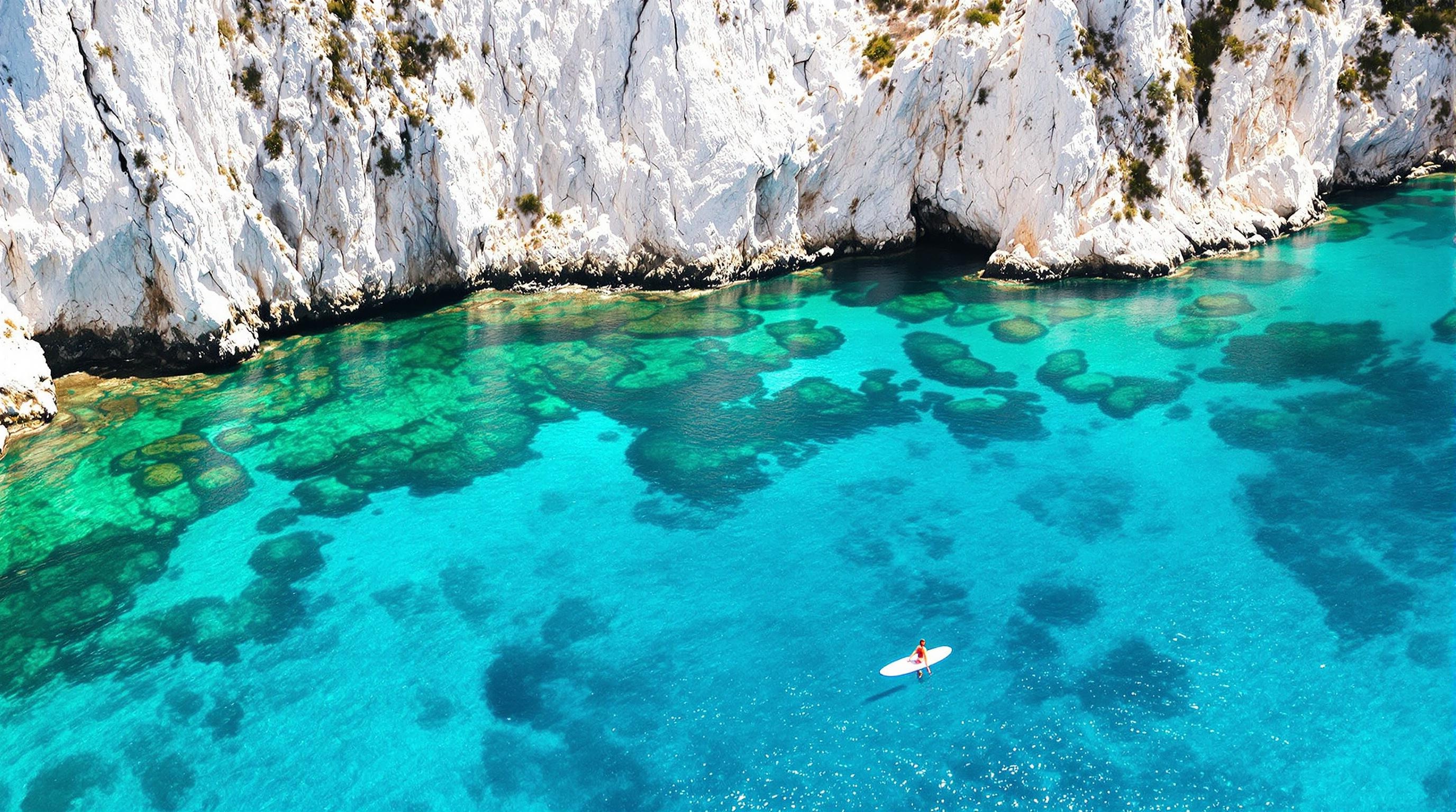 Crique turquoise dans les calanques, paddle solo et falaise calcaire aérienne