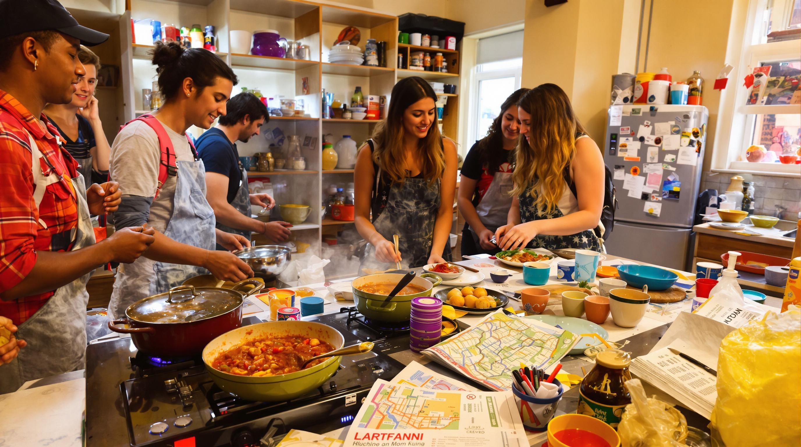 Cuisine partagée dans une auberge de jeunesse à Budapest avec backpackers préparant un goulash économique