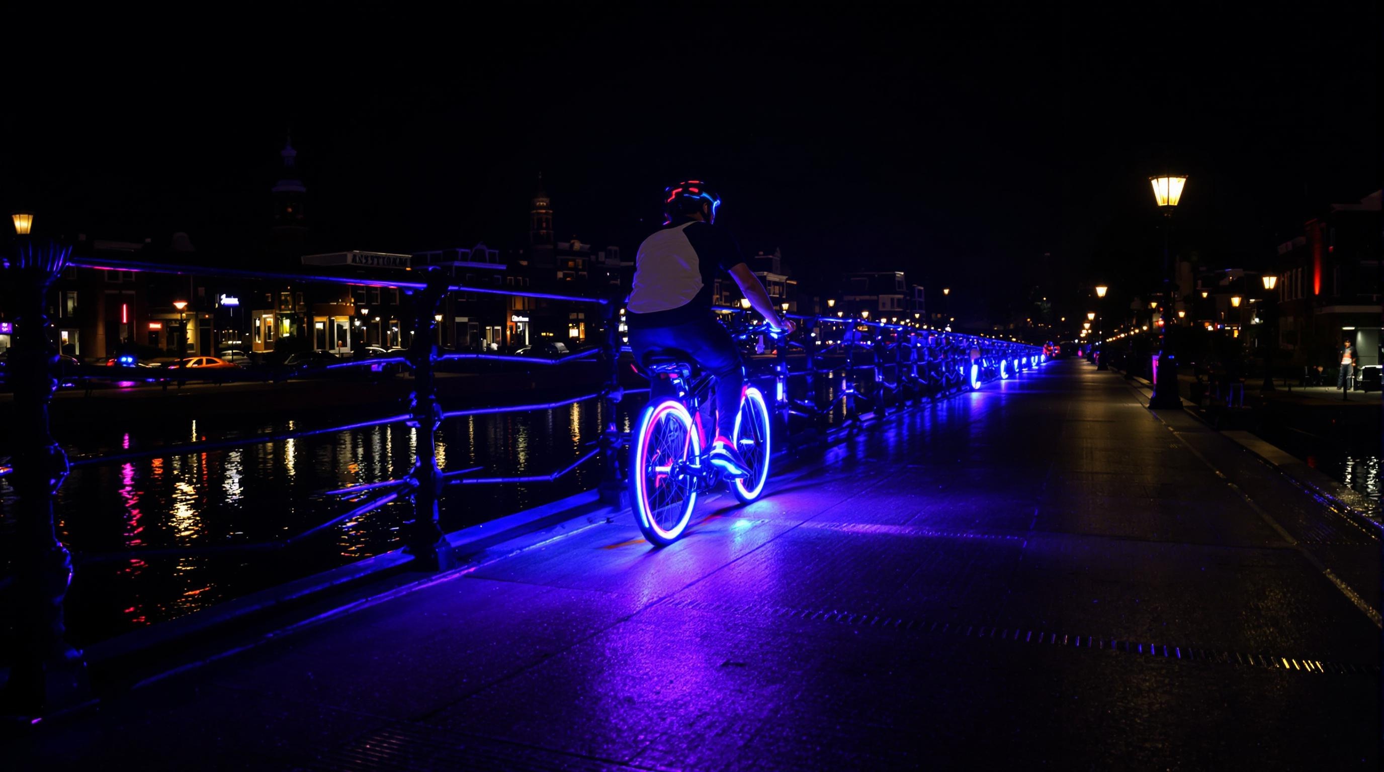 Cycliste de nuit à Amsterdam avec lumières LED sur son vélo, le long des canaux.