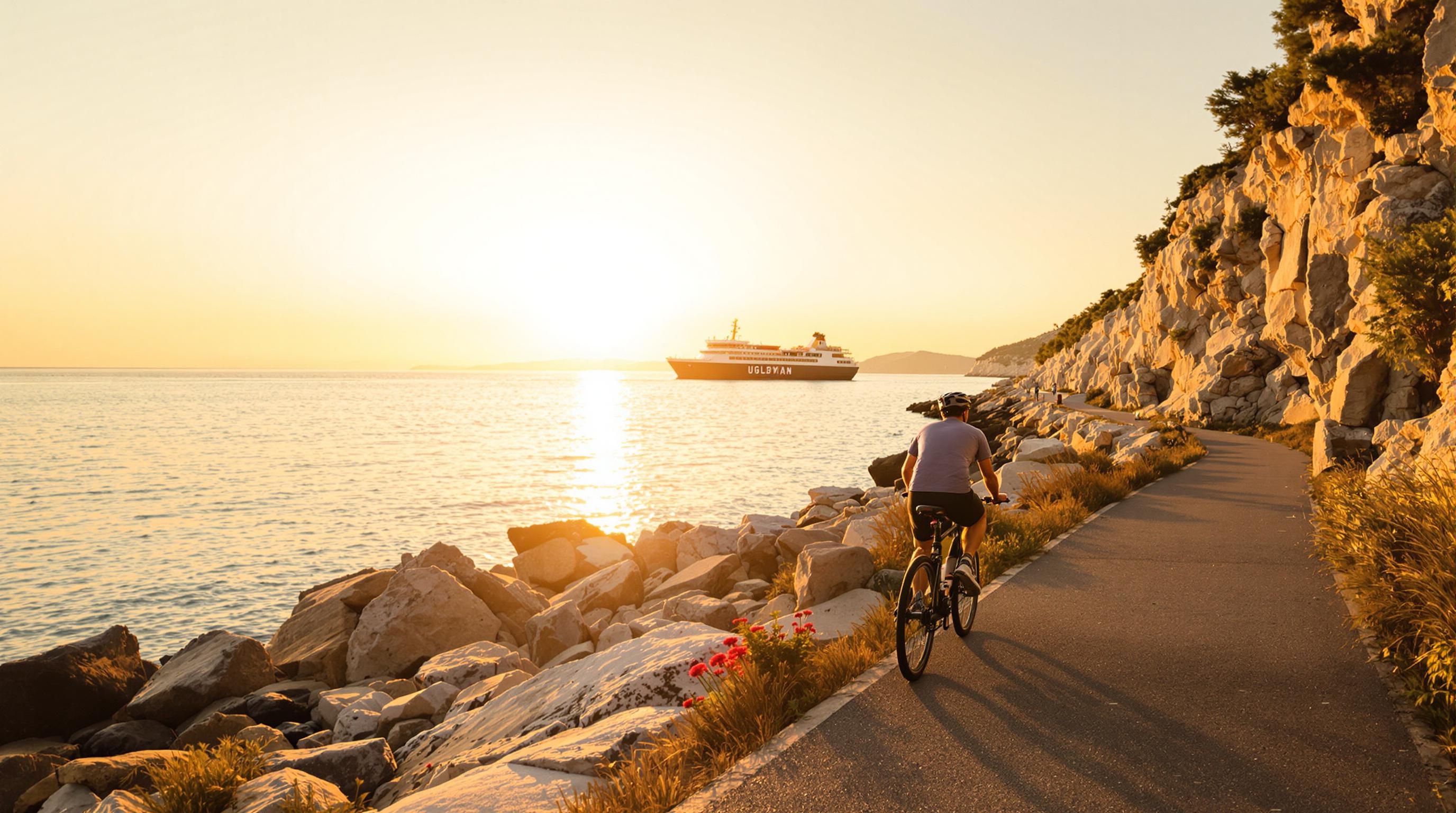 Un cycliste au coucher du soleil sur la côte d’Ugljan, avec un ferry en arrière-plan.