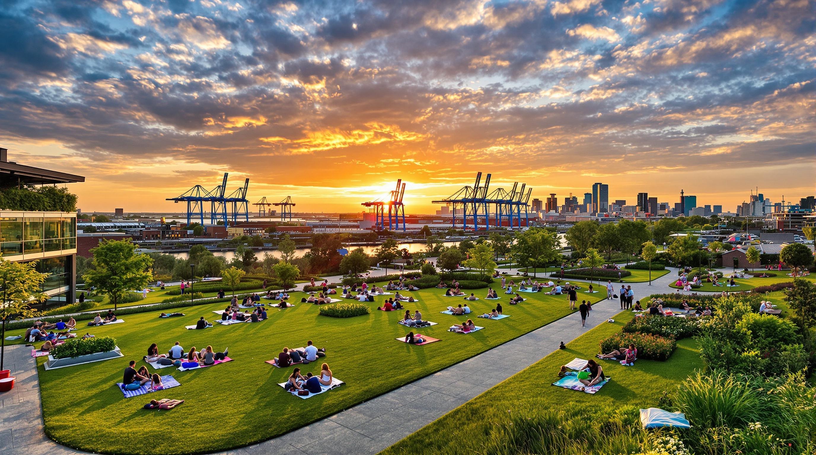 Dakpark Rotterdam barbecue panorama port grue pelouse urbaine.