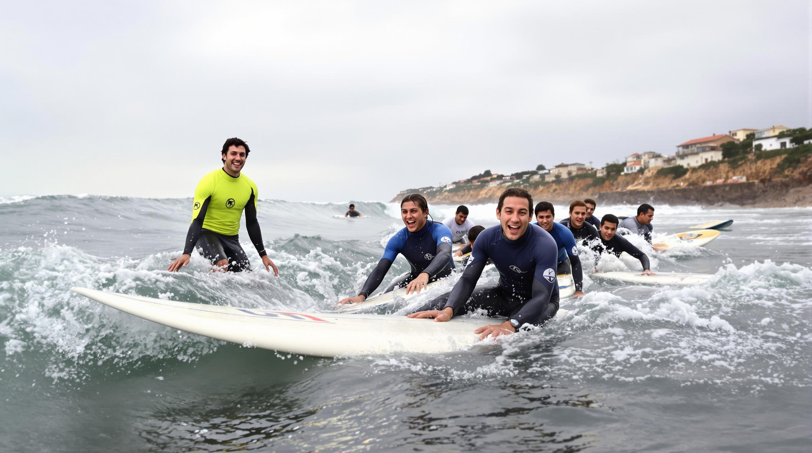 Débutants en surf à Costa da Caparica avec instructeur d'hostel, combinaisons obligatoires.