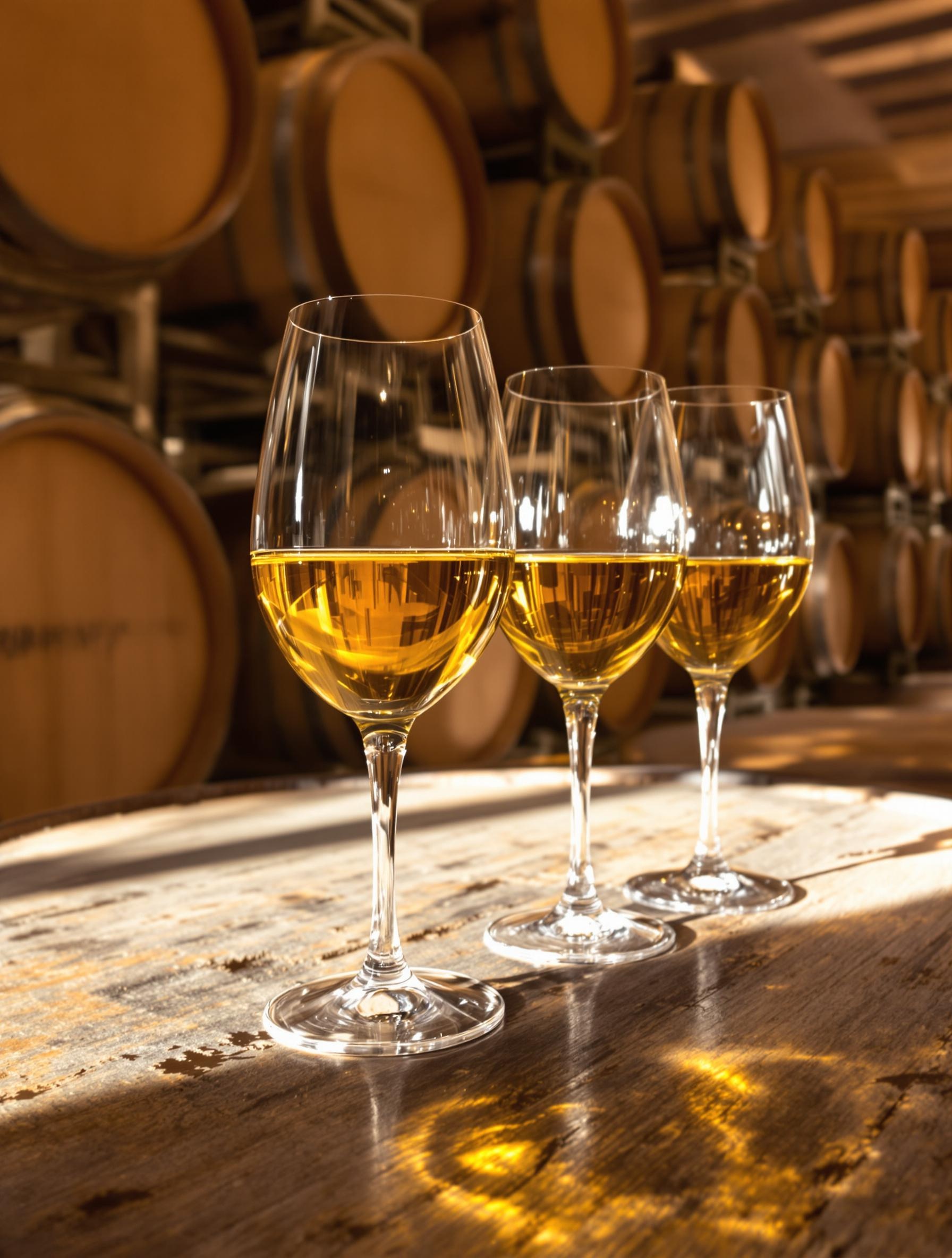 Dégustation de vin dans un domaine Montilla-Moriles près de Cordoue, verres de sherry doré, fûts anciens, lumière douce sur table rustique.