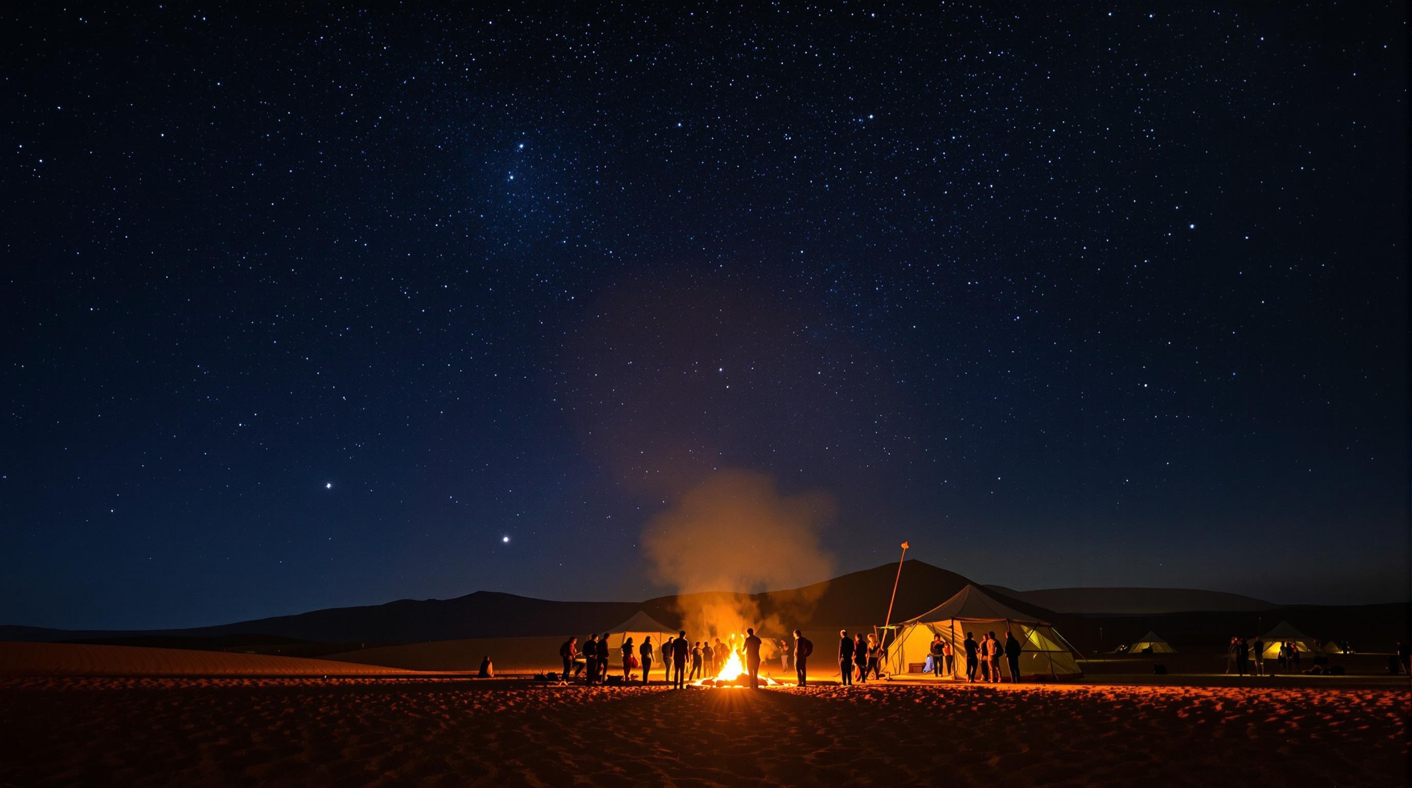 Désert d’Agafay de nuit : bivouac illuminé au feu, ciel étoilé profond du Maroc en arrière-plan, silhouettes de voyageurs autour du feu de camp. Ambiance naturelle chaleureuse mystérieuse.