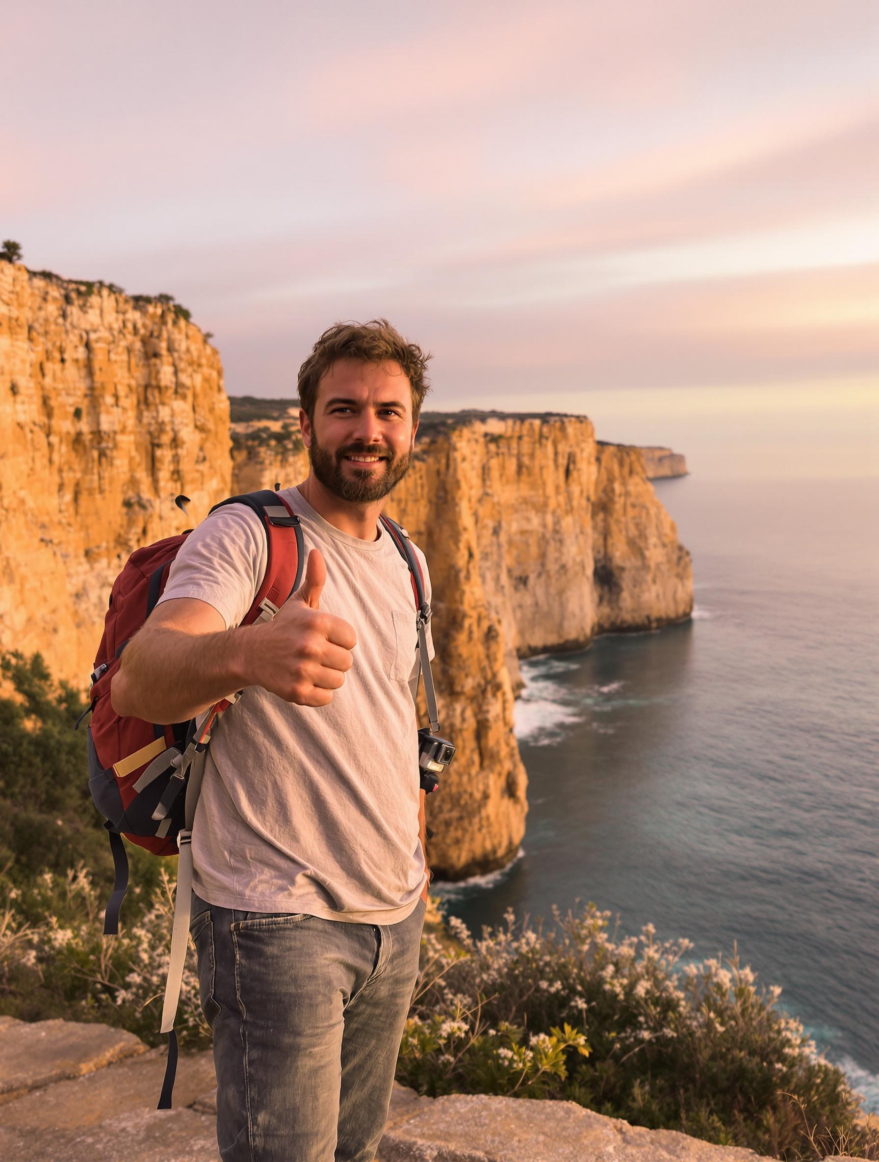 Un digital nomad sarcastique lève le pouce sur une falaise de l’Algarve, à l’aube, sac à dos et GoPro en bandoulière, expression mi-blasée mi-amusée