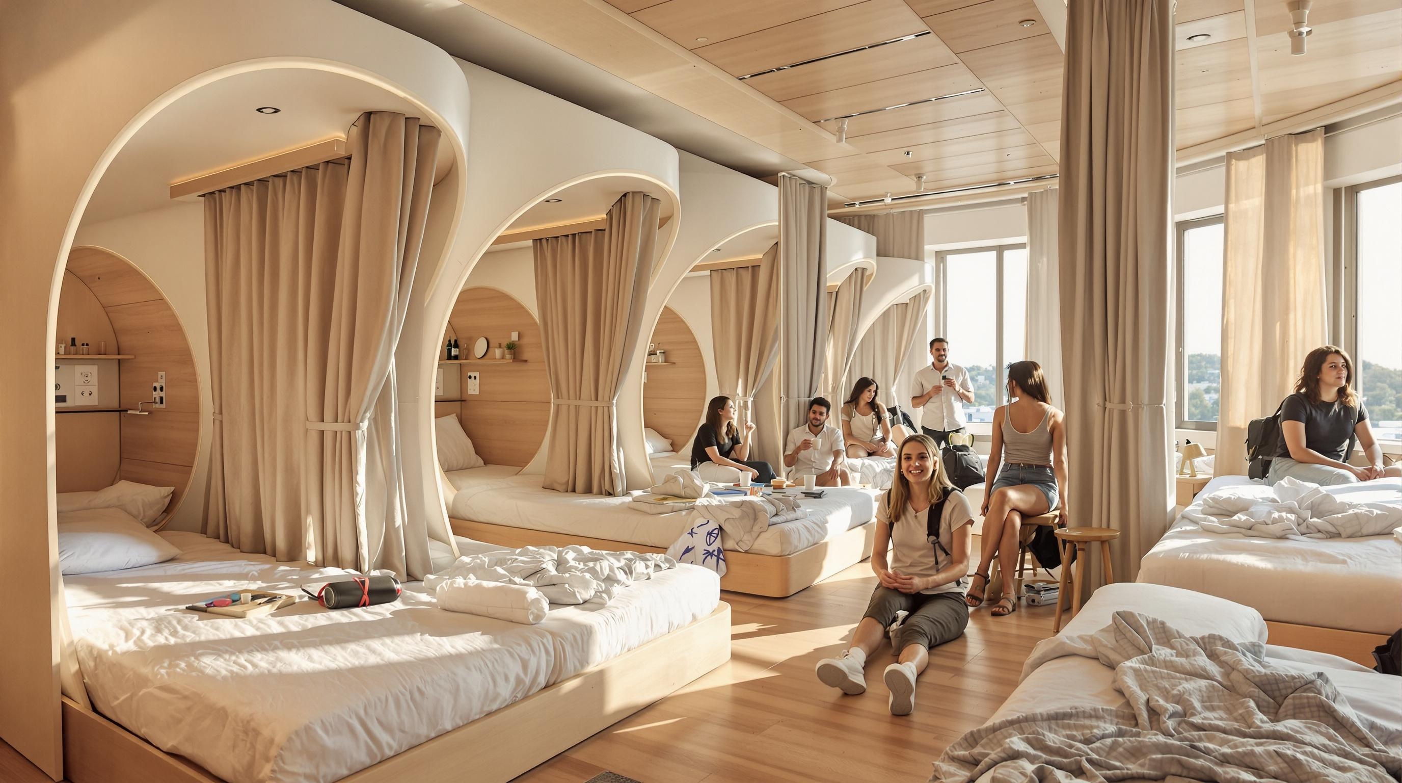 Un dortoir moderne dans une auberge de jeunesse à Zadar, avec des lits capsules et des backpackers.