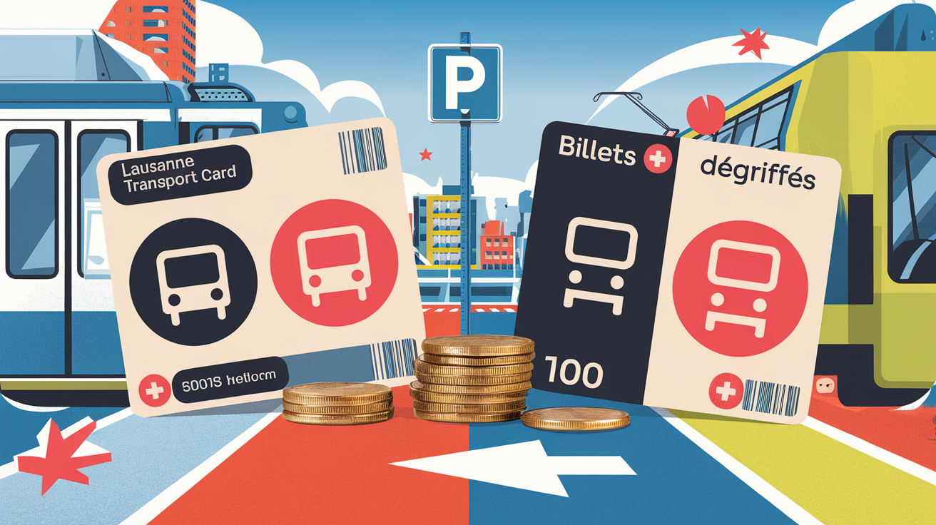 Comparatif Lausanne Transport Card vs billets dégriffés : cartes et icônes bus/train avec éléments parking.