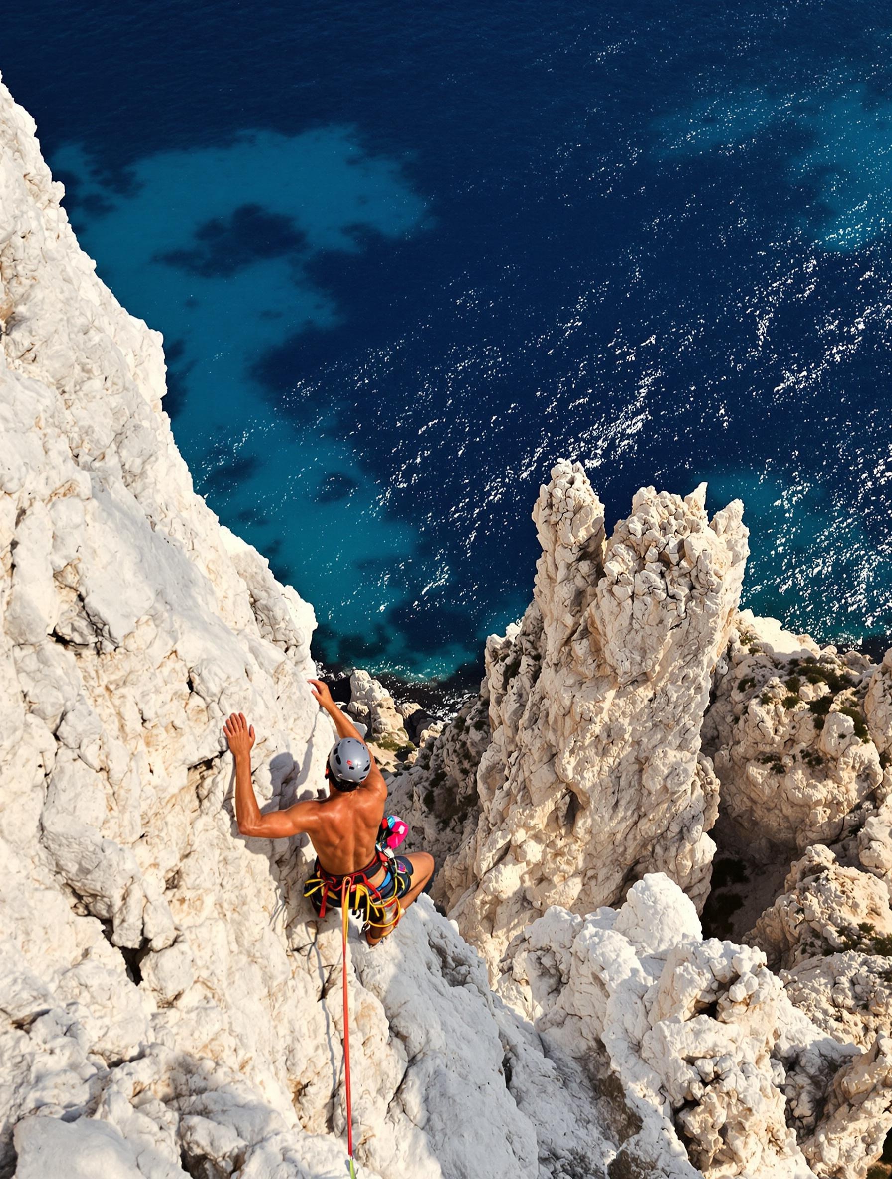Escaladeur sur falaise calcaire de Bonifacio avec mer Méditerranée en contrebas