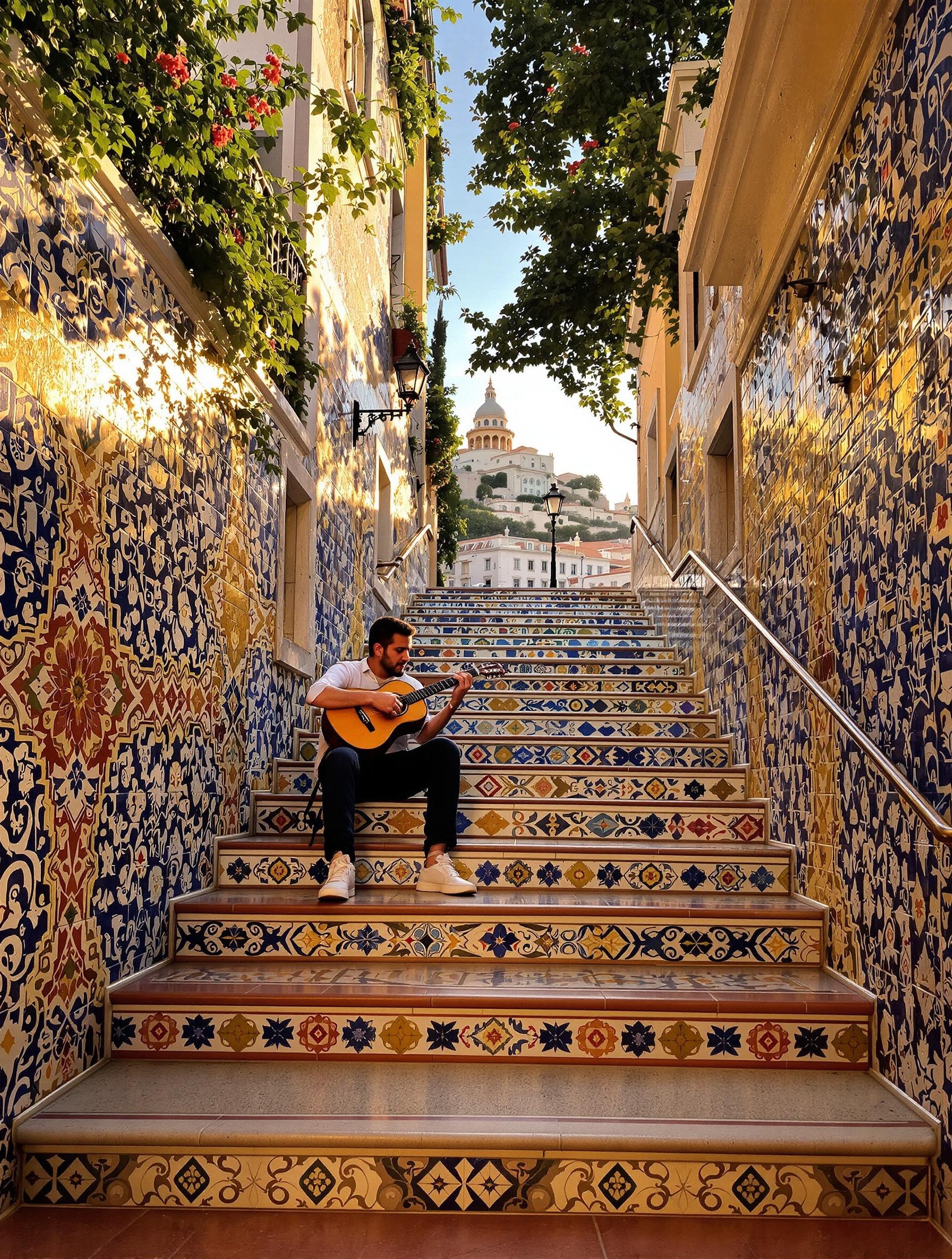 Escalier coloré d’Alfama avec musicien de Fado et vue Miradouro Santa Luzia