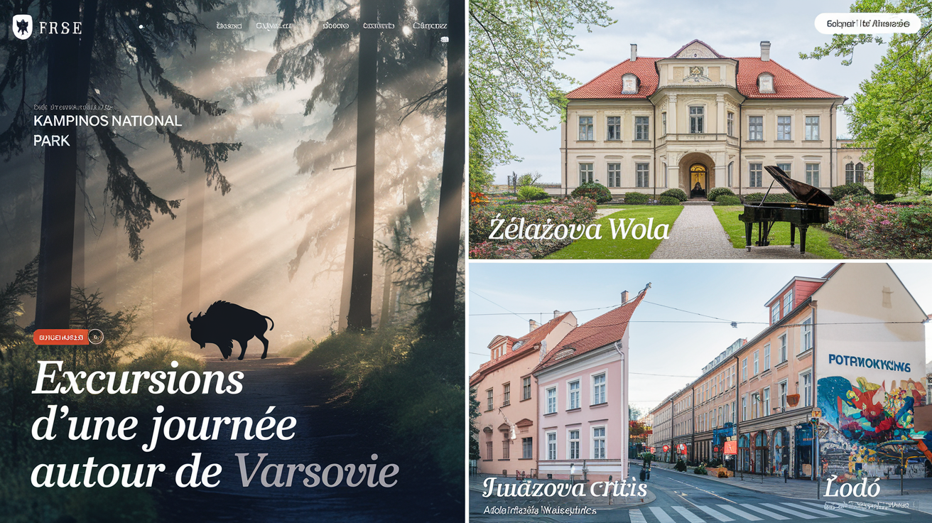 Collage : sentier sauvage forêt Kampinos avec bison fantomatique, manoir Chopin Żelazowa Wola vue piano, split Lublin old town & street art Łódź avec icône train.
