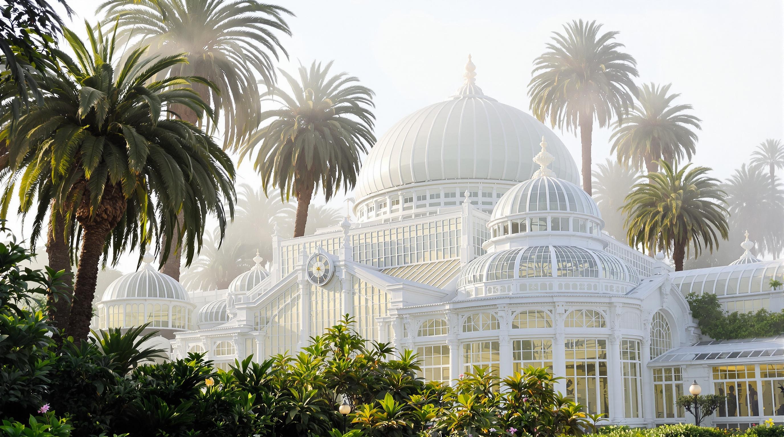 Façade blanche du Conservatory of Flowers baignée de brume matinale, palmiers en arrière-plan – ambiance jungle victorien meets Silicon Valley.