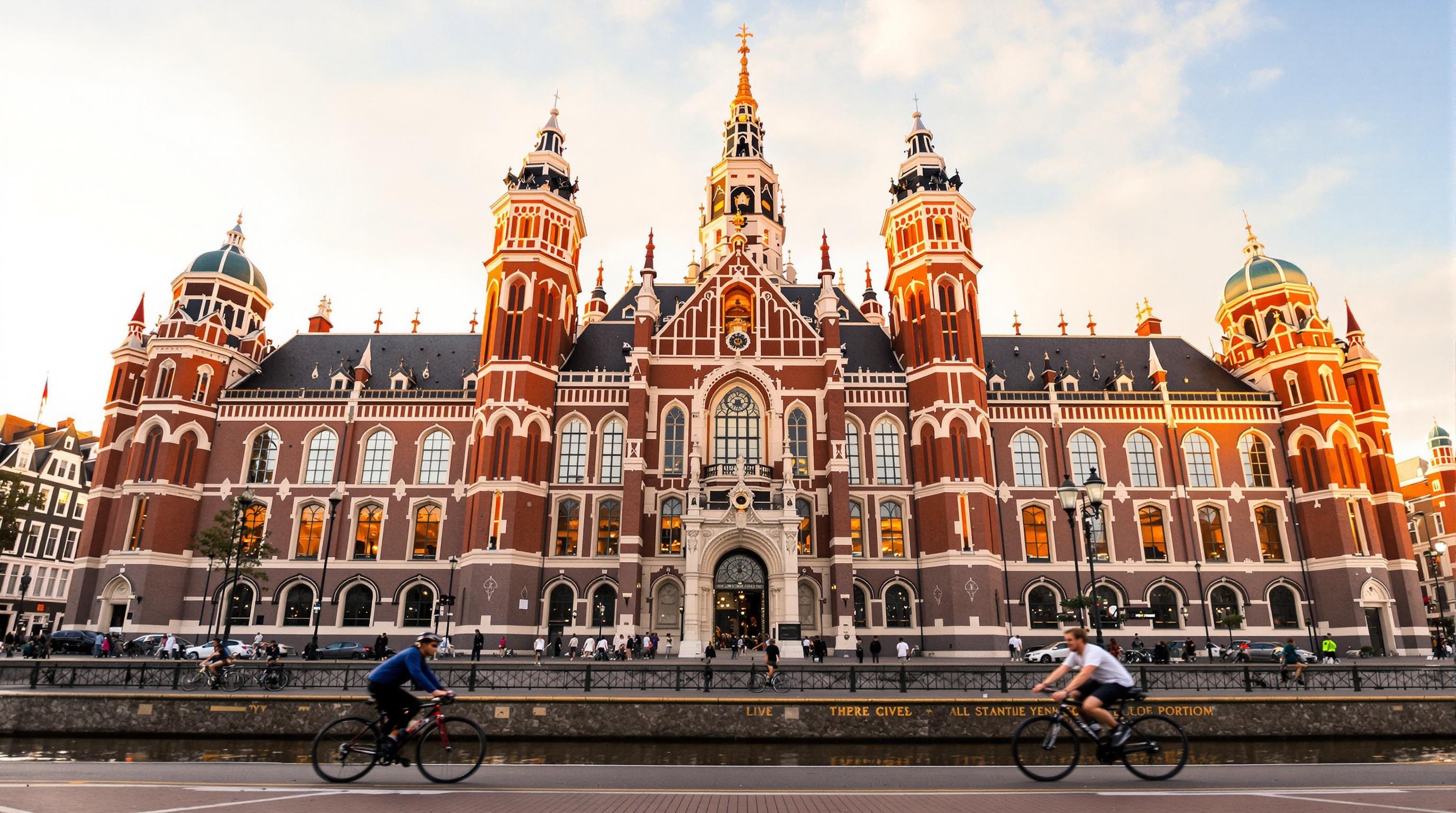 Façade du Rijksmuseum au lever du jour avec des cyclistes passant devant, mettant en valeur l'architecture des canaux.