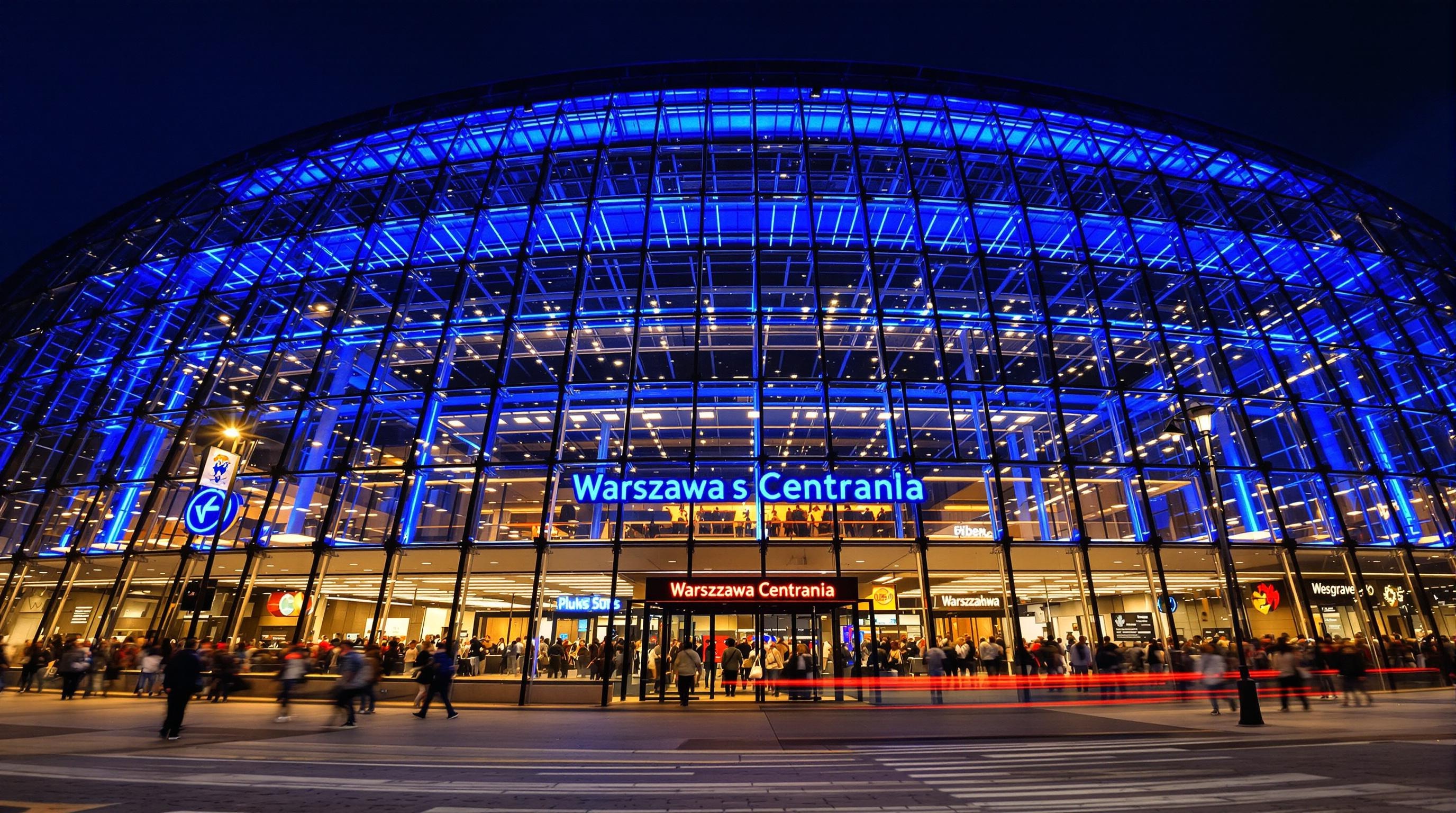 Façade vitrée de la gare Warszawa Centralna – néons bleutés et voyageurs pressés