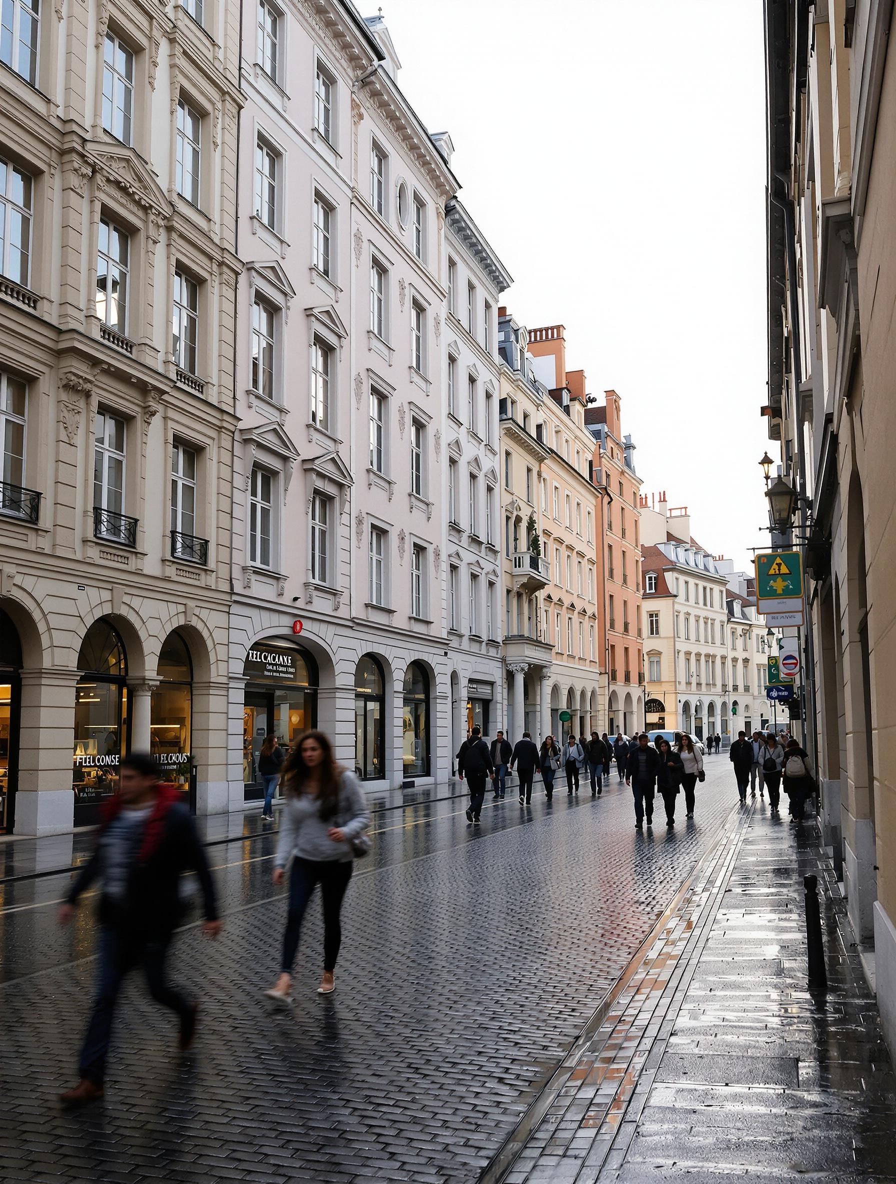 Façades pastel du Vieux-Lyon se reflétant sur le pavé humide au petit matin