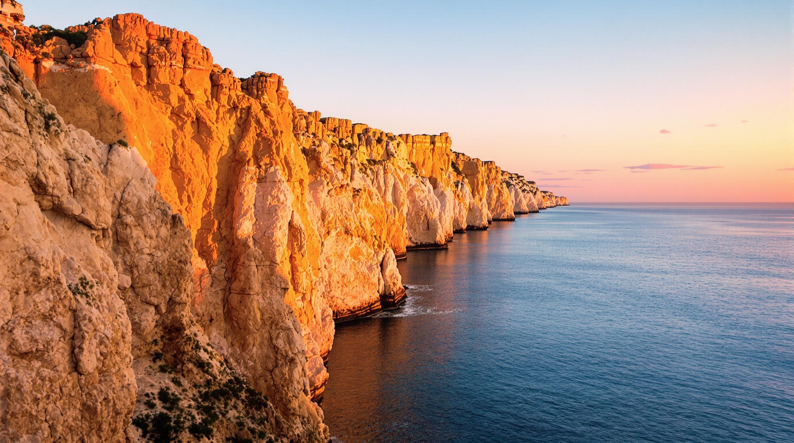 Falaises ocre de Ponta da Piedade baignant dans la lumière rose de 07h12, surplombant l’Atlantique calme