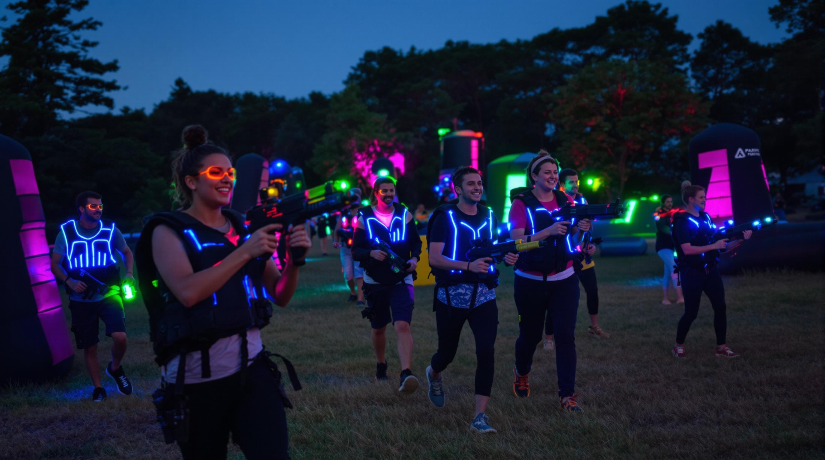 Famille et amis jouant au Laser Game extérieur à Fréjus
