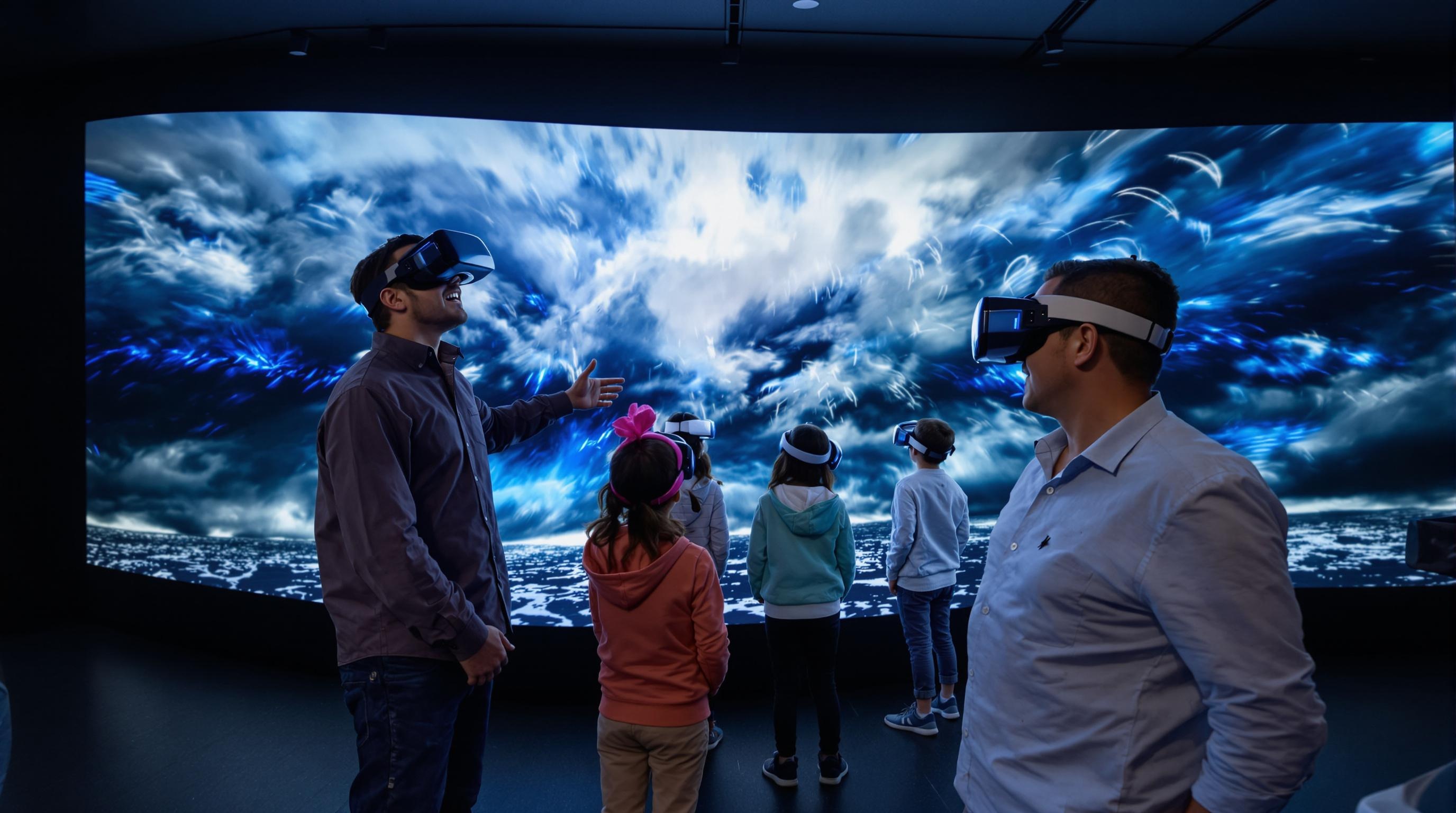 Famille en pleine expérience immersive, écrans simulant tempête au large de l’Atlantique