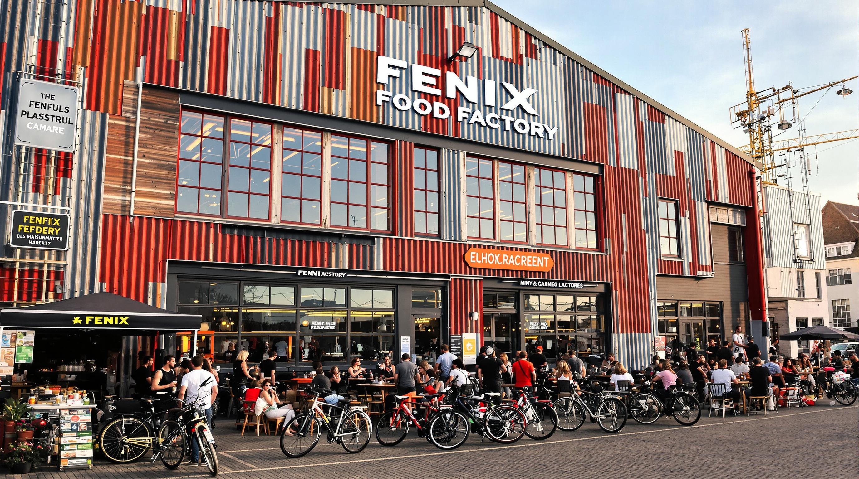 Fenix Food Factory vélo banc extérieur vue Meuse hangar indus.