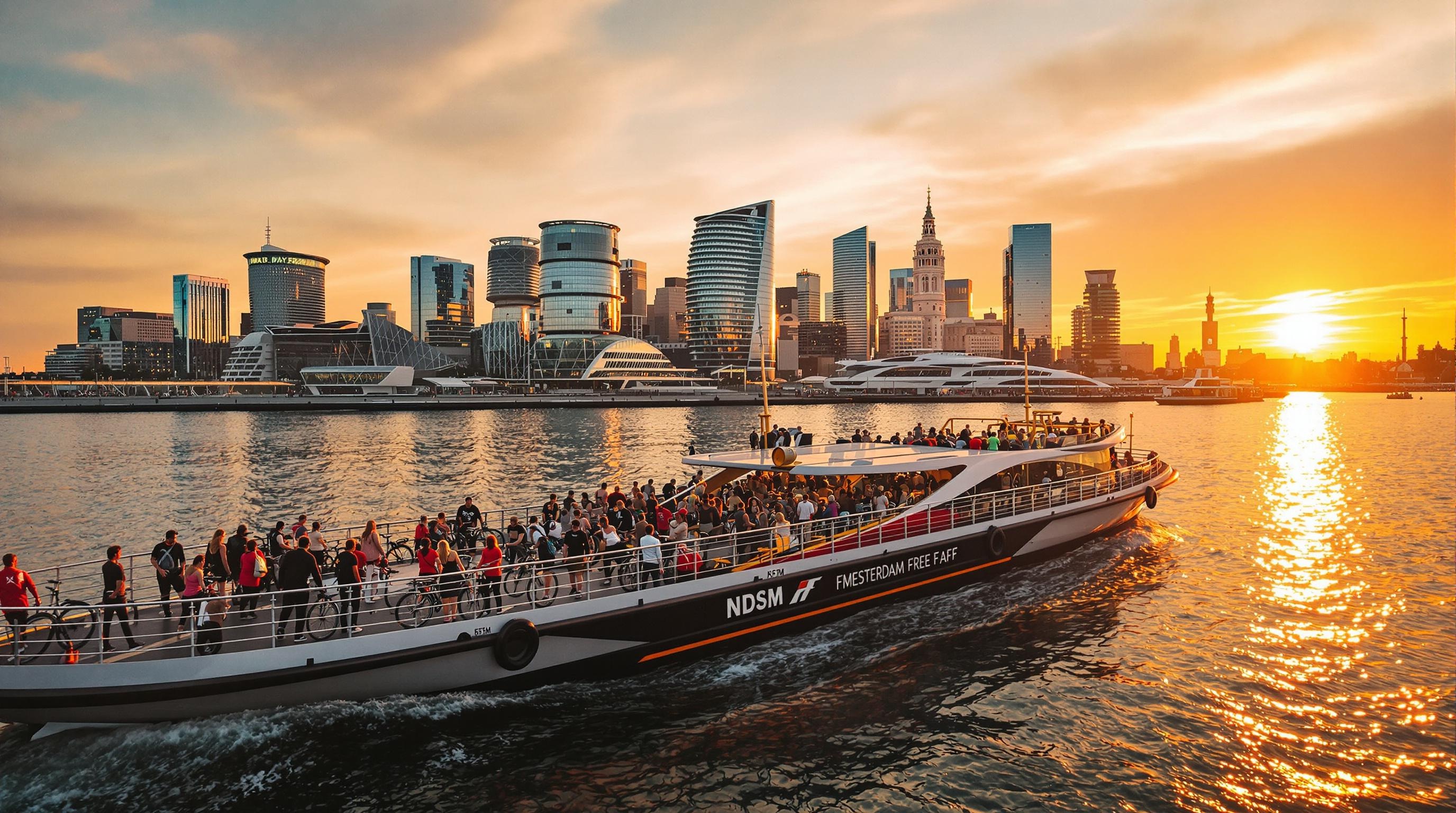 Ferry gratuit sur l’IJ avec vue sur le coucher de soleil et la skyline d’Amsterdam NDSM