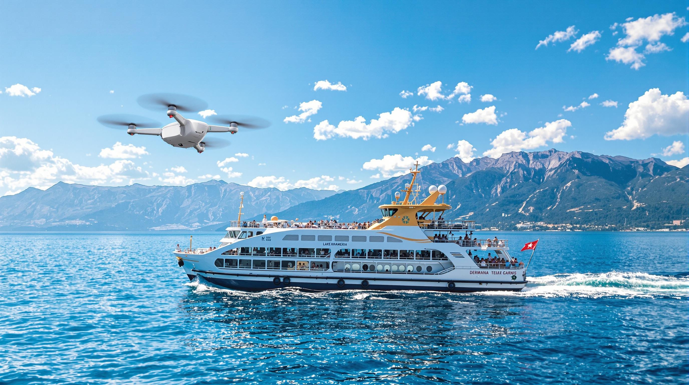 Ferry sur le lac de Garde près de Sirmione, passagers et drone en vol
