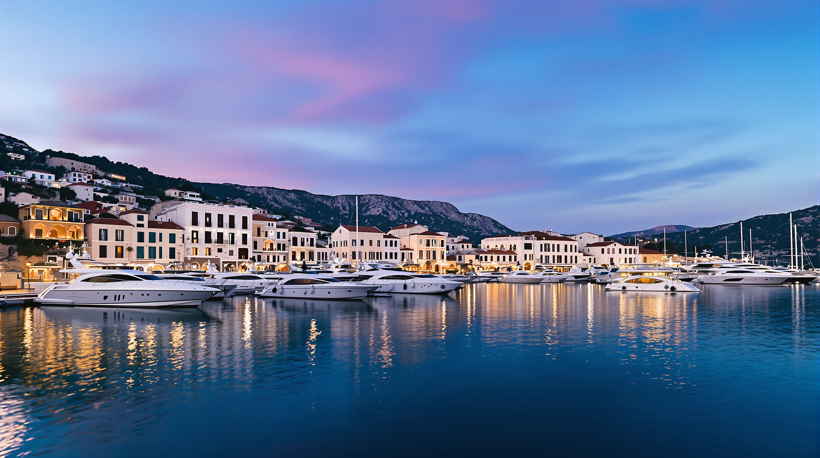 Le port de Fiskardo en fin de journée avec façades vénitiennes colorées et yachts.