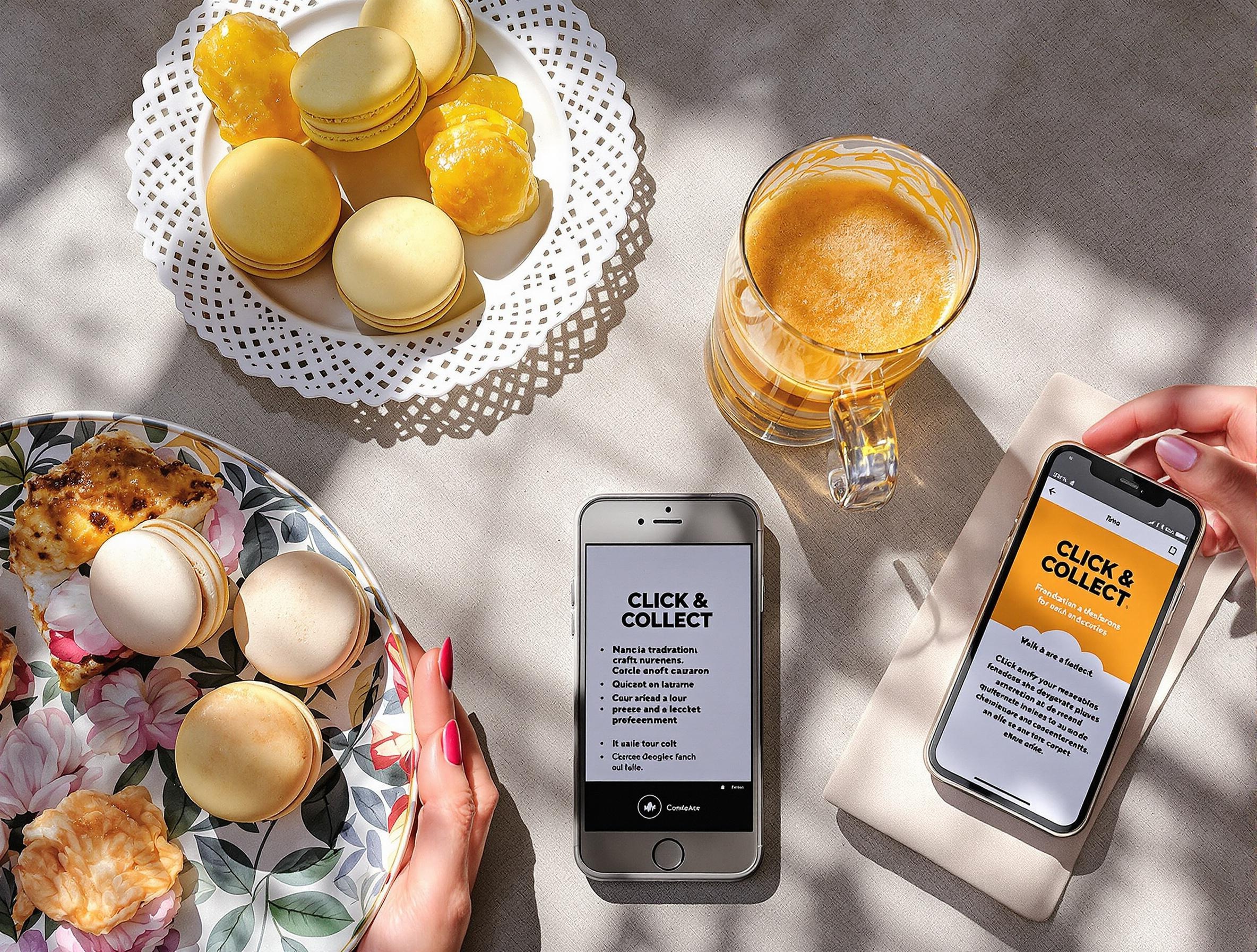 Flatlay moderne macarons bergamotes quiche bière artisanale et click&collect