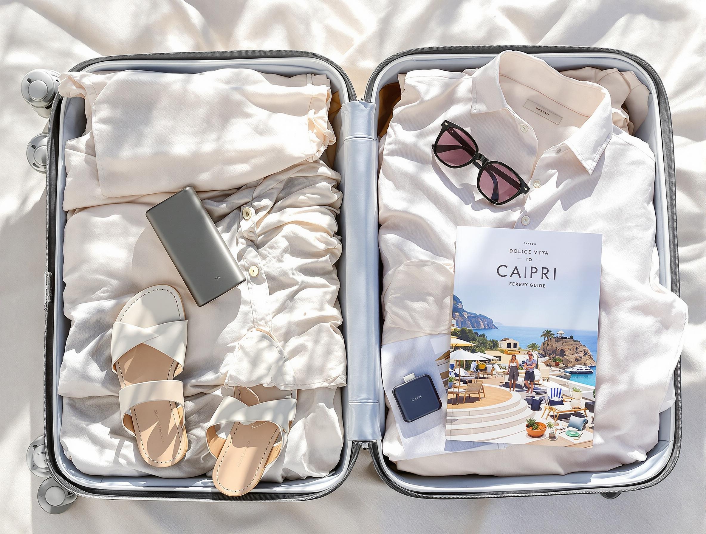Valise Capri chic casual sandales cuir powerbank guide papier