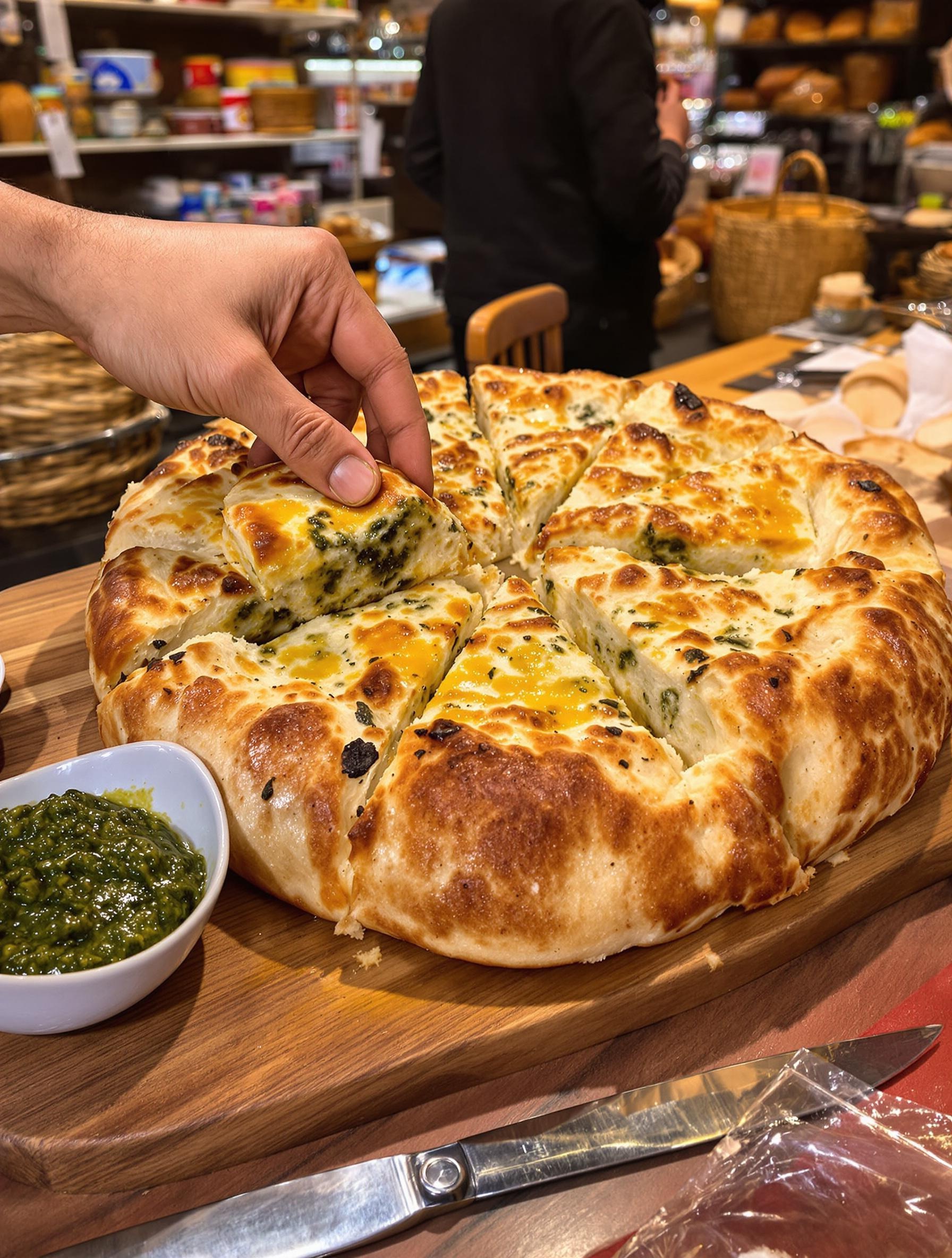 Focaccia Genovese dorée avec pesto en street-food