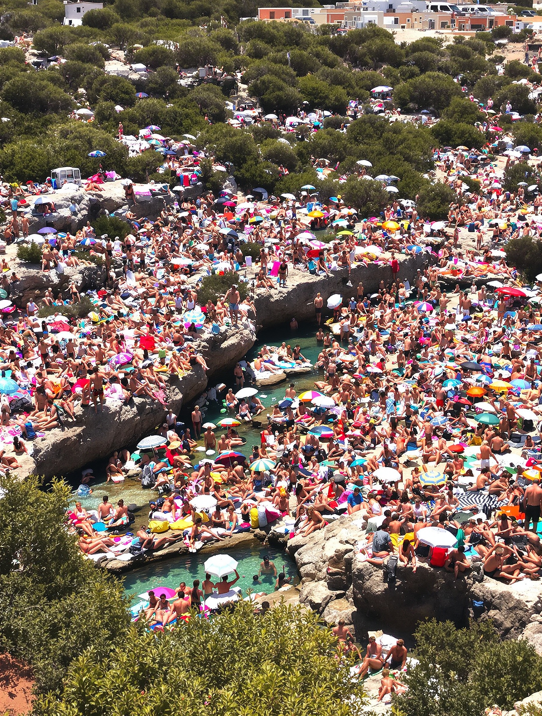 baigneurs foule rochers Zoza Corse parasols serviettes saturé