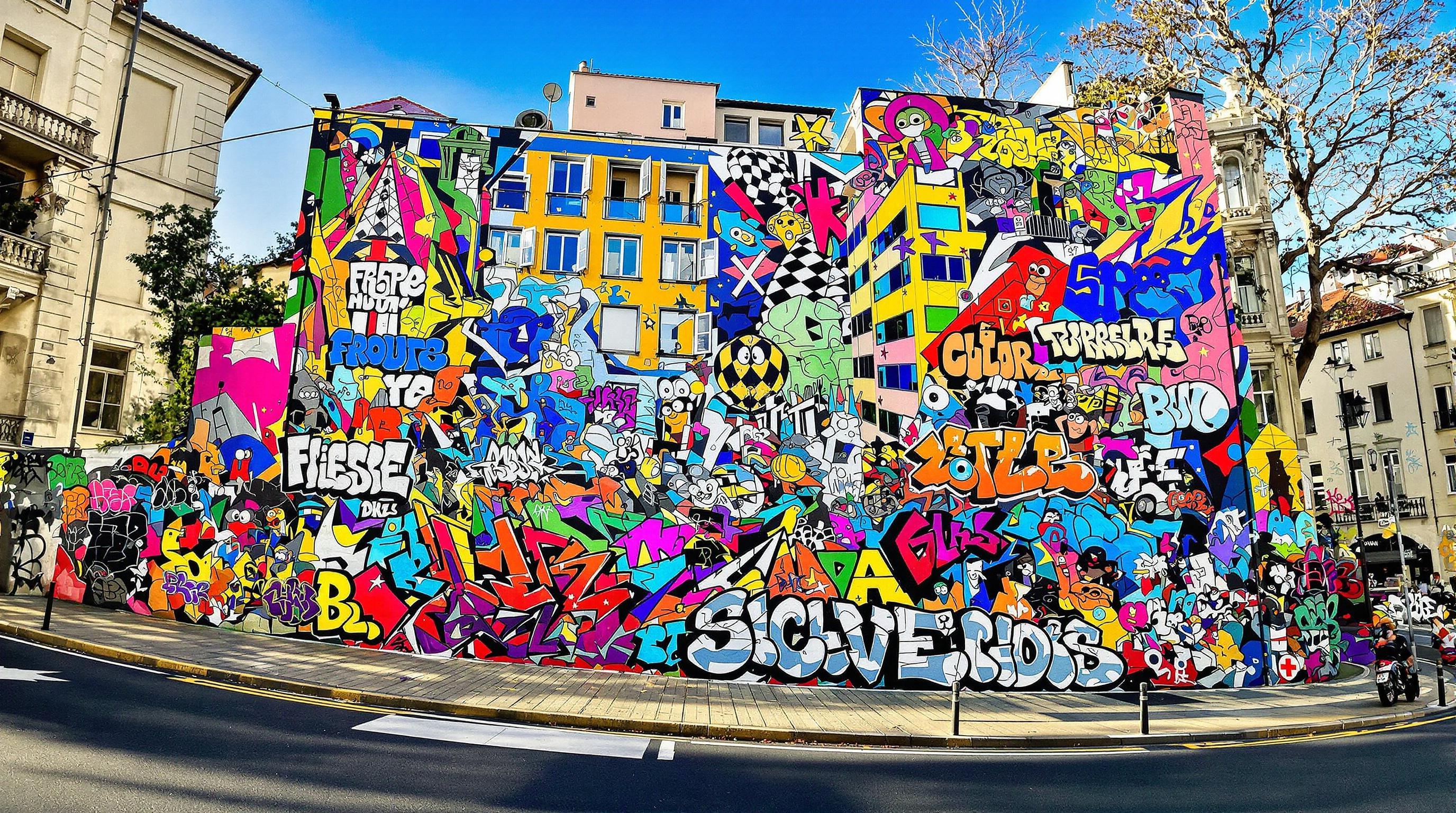 Vue haute en couleurs de la Fresque des Canuts et du street-art contemporain depuis la montée de la Grande-Côte à Lyon.