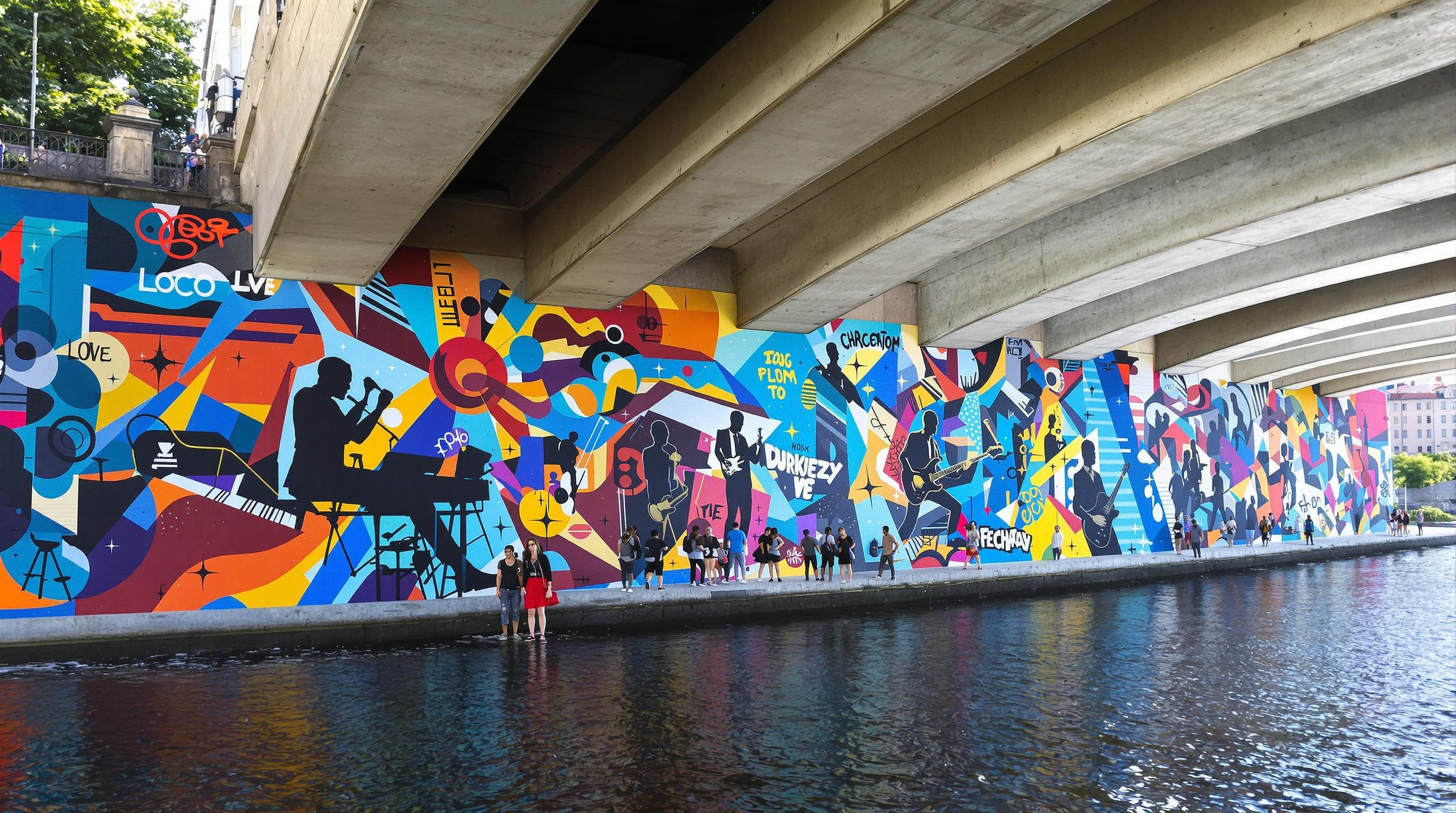 Fresque colorée de street art sous le pont Čechův à Prague pendant le festival United Islands