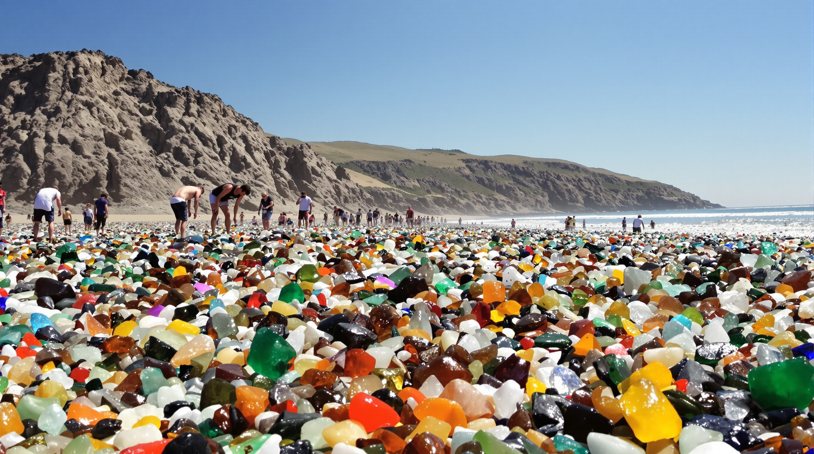 Touristes cherchant des verres de mer sur Glass Beach, ambiance entre pollution recyclée et engouement touristique
